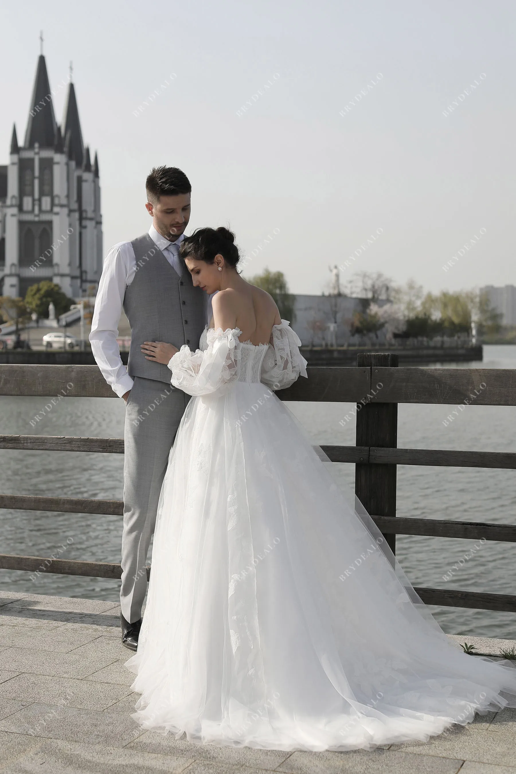 Bell Sleeve Lace Ballgown Wedding Dress