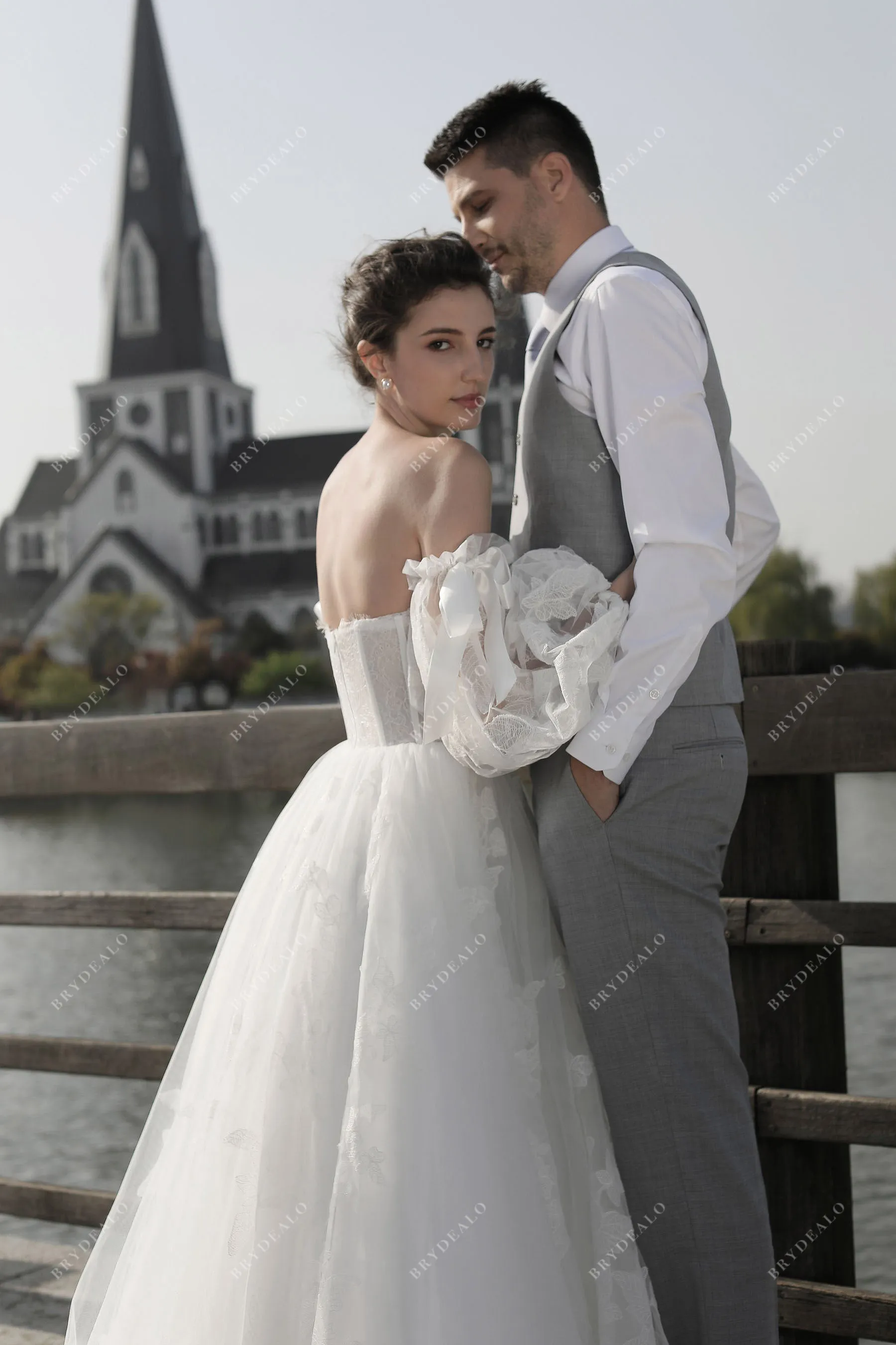 Bell Sleeve Lace Ballgown Wedding Dress