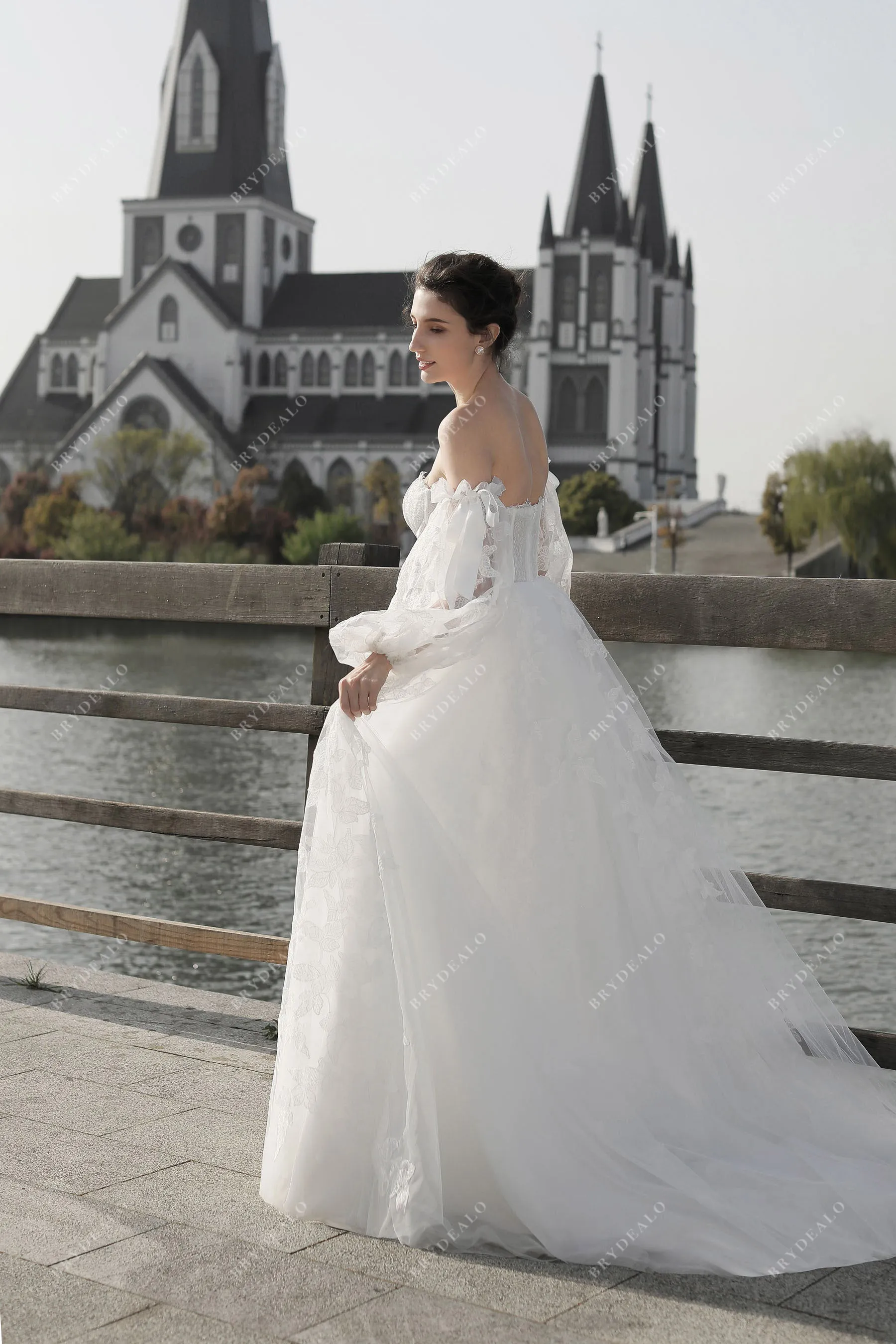 Bell Sleeve Lace Ballgown Wedding Dress