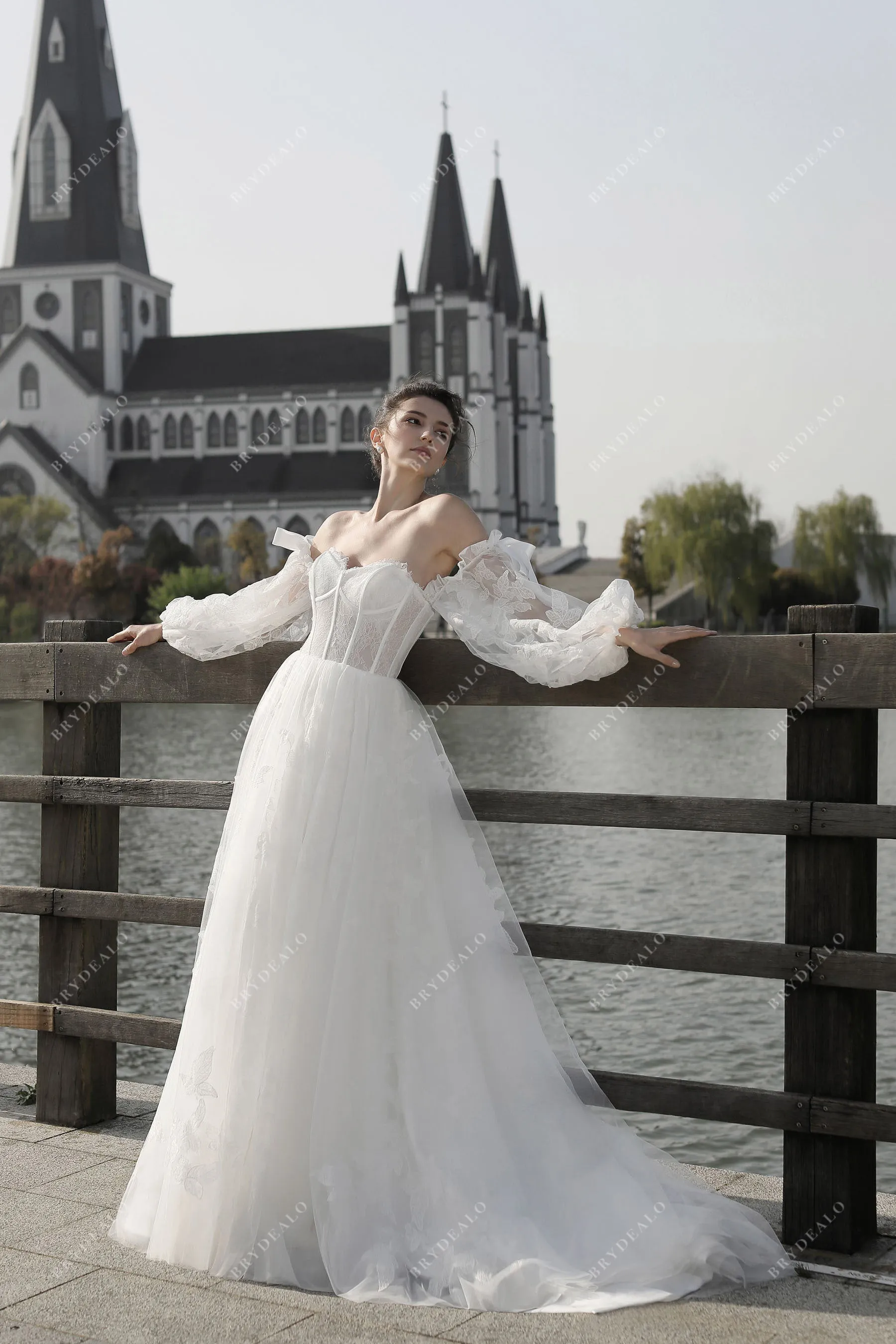 Bell Sleeve Lace Ballgown Wedding Dress