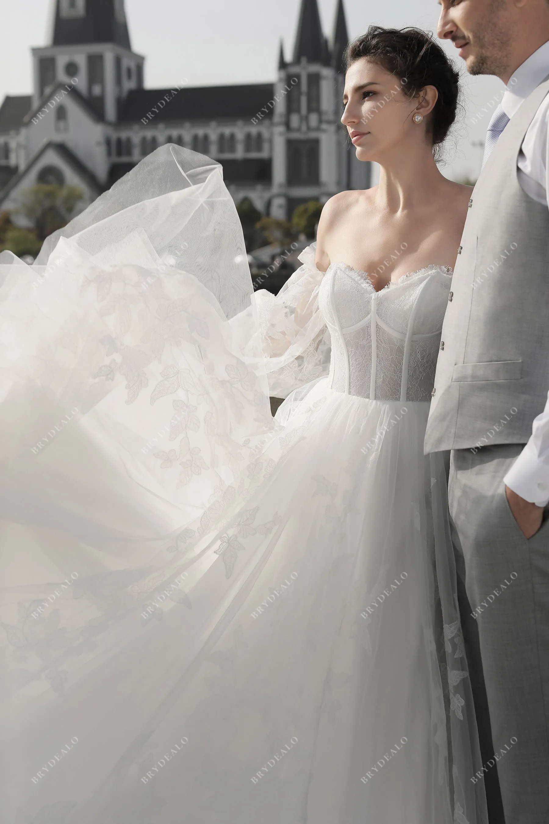 Bell Sleeve Lace Ballgown Wedding Dress