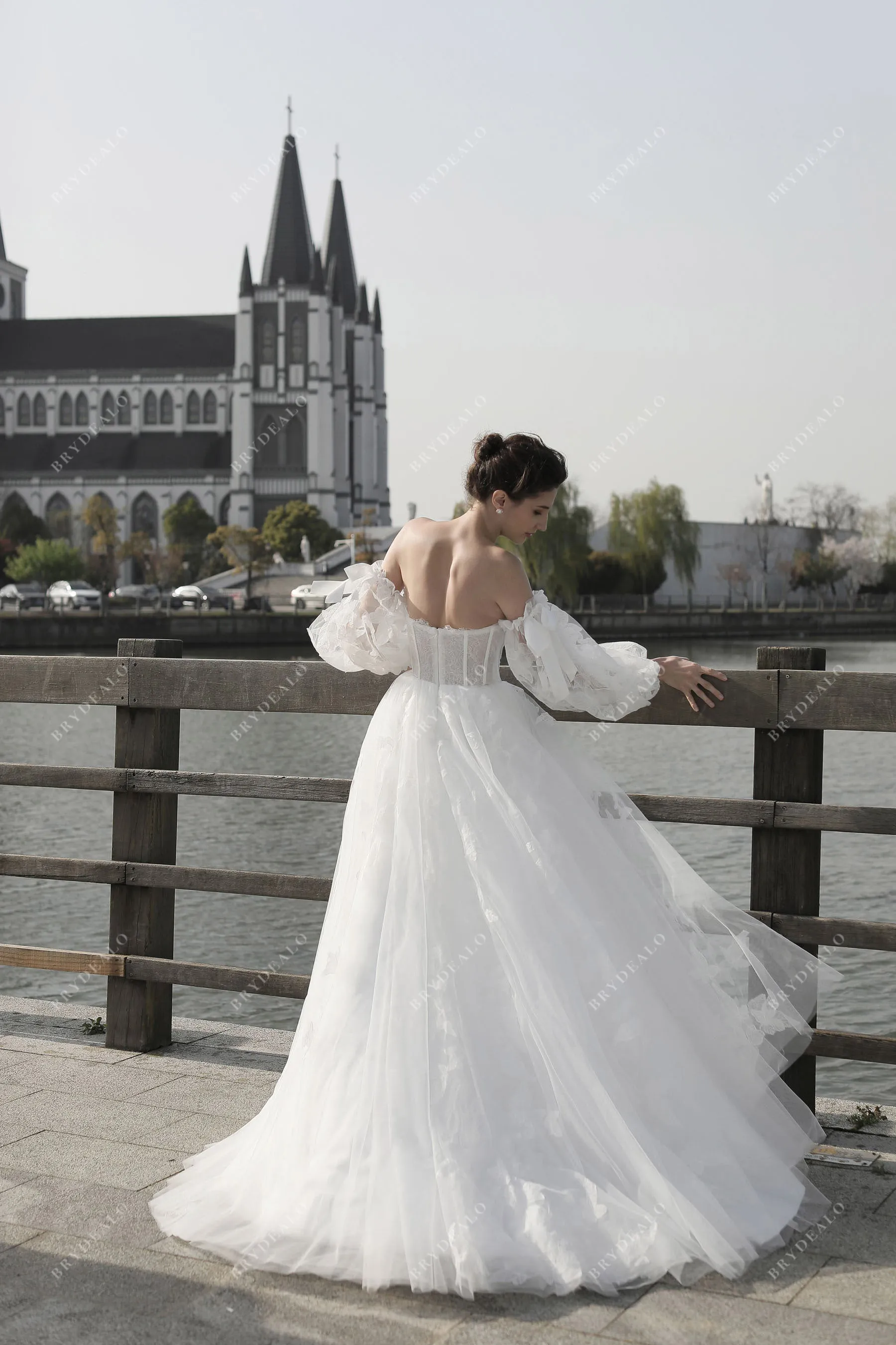 Bell Sleeve Lace Ballgown Wedding Dress