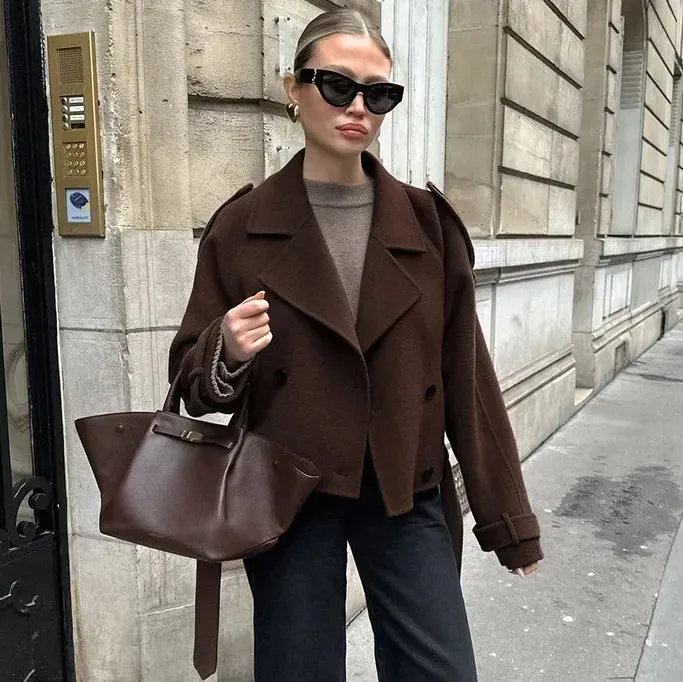 Black Friday Joskaa Fashion Double Breasted Wool Coat Office Lady Lapel Brown Retro Short Jackets Loose Solid 2024 Fall Winter Female Outwear