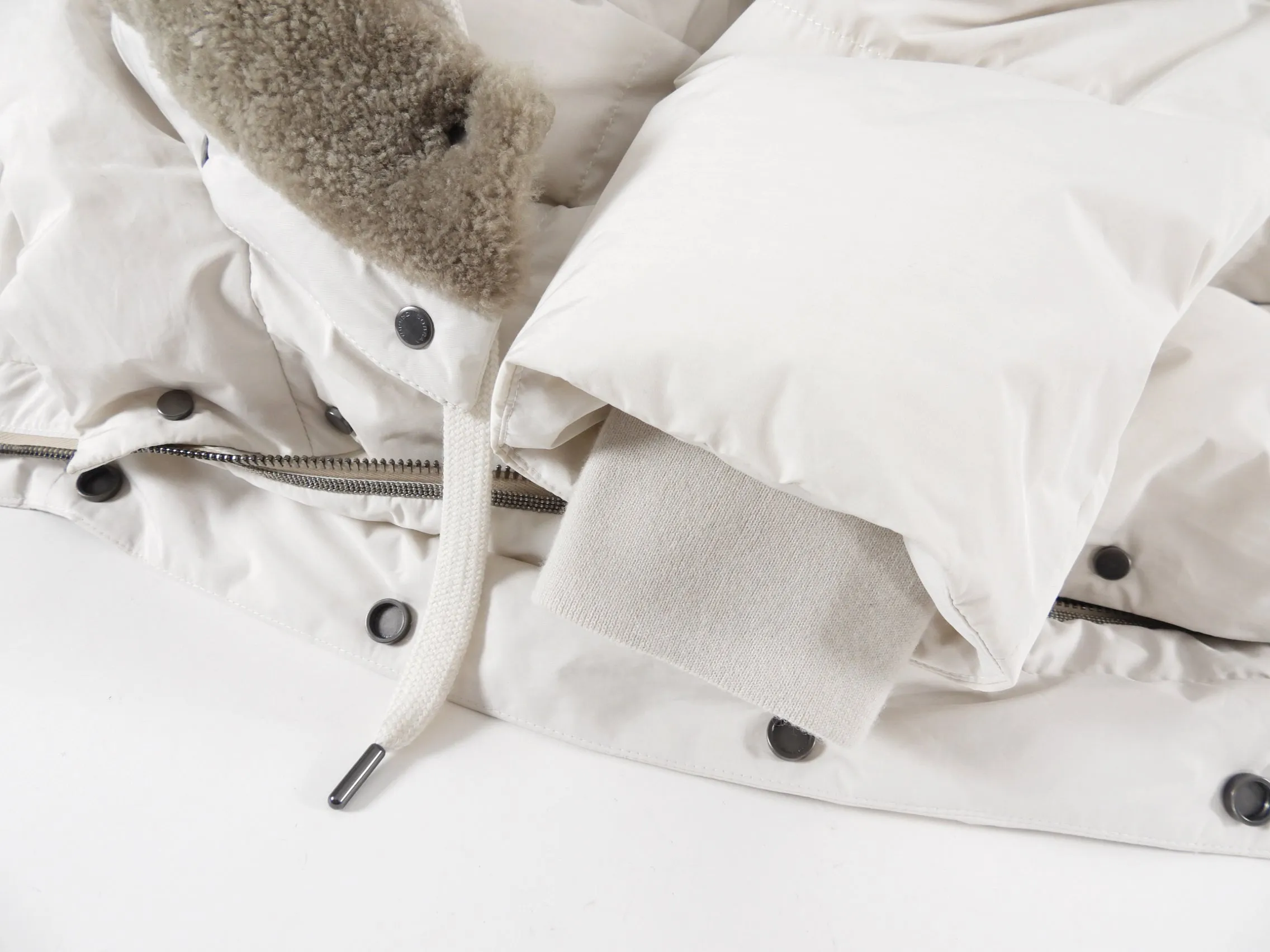 Brunello Cucinelli Bone White Down Puffer Jacket with Shearling Hood