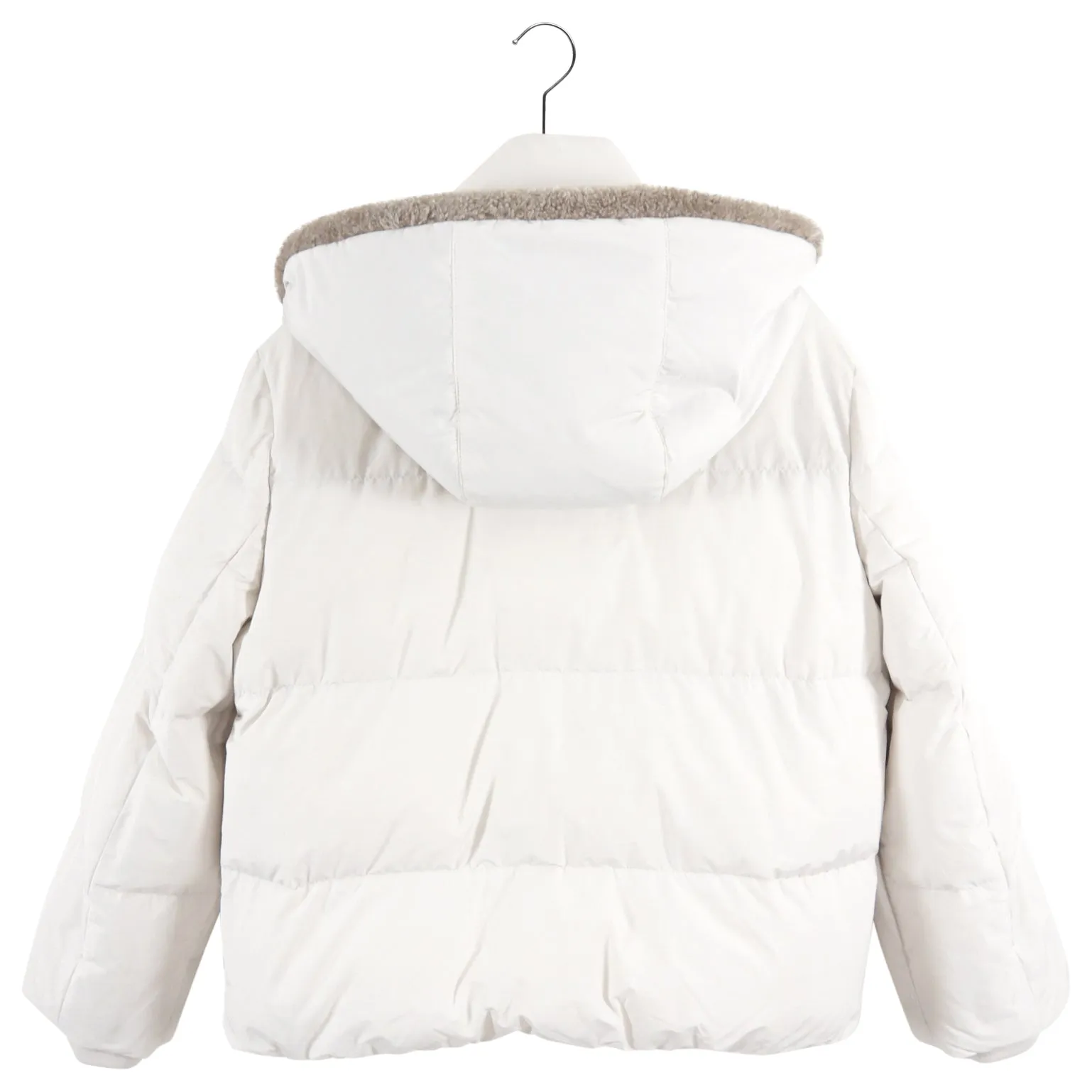 Brunello Cucinelli Bone White Down Puffer Jacket with Shearling Hood