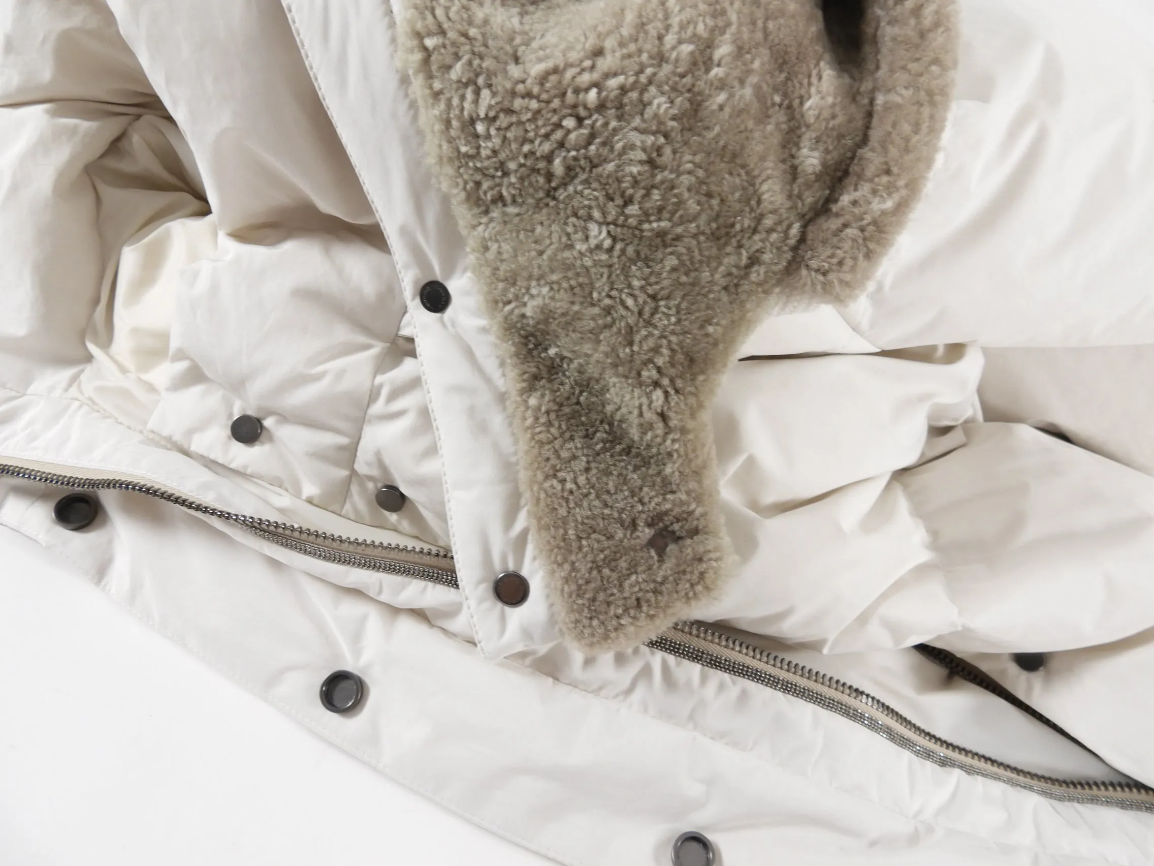 Brunello Cucinelli Bone White Down Puffer Jacket with Shearling Hood