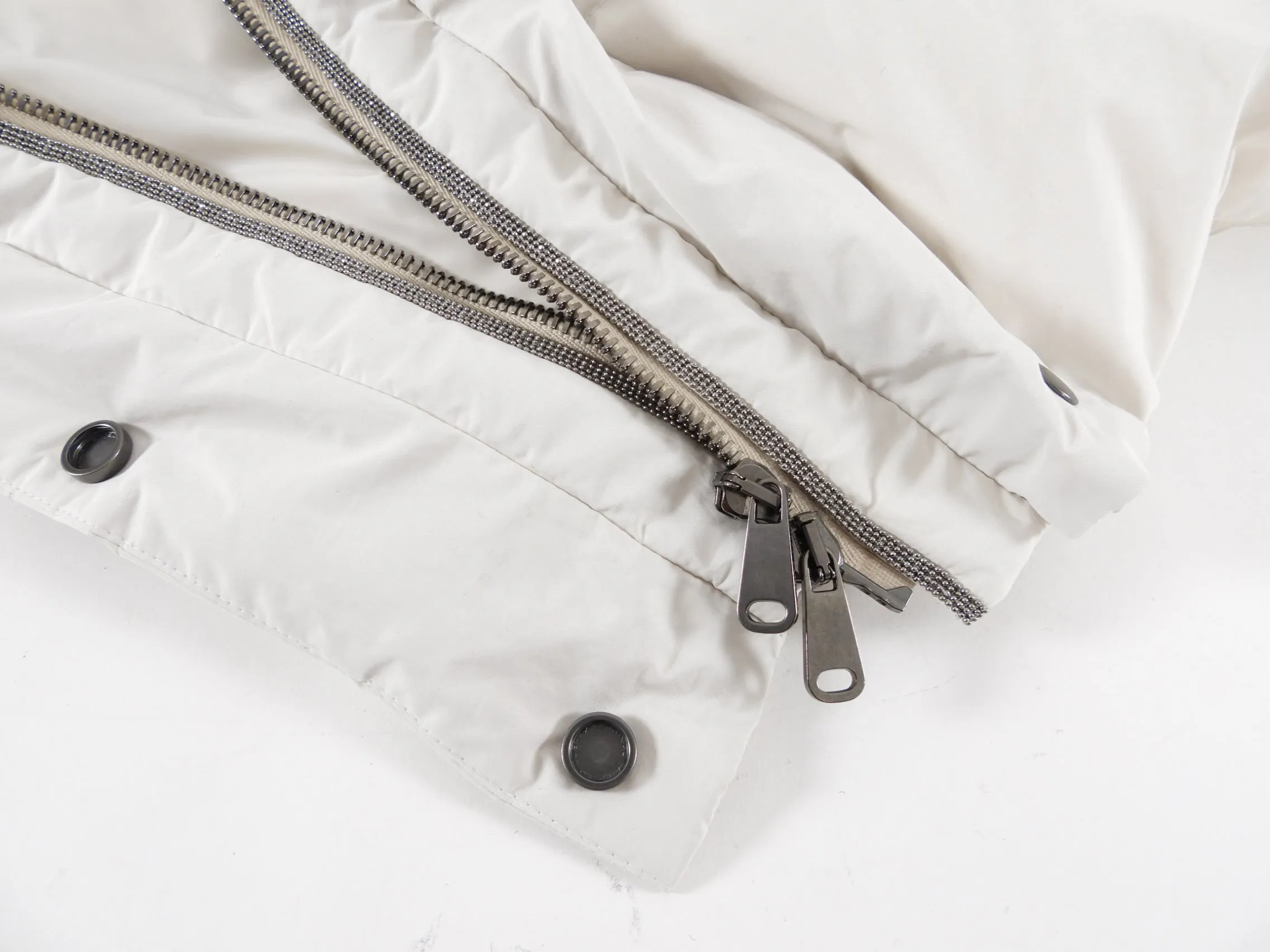 Brunello Cucinelli Bone White Down Puffer Jacket with Shearling Hood