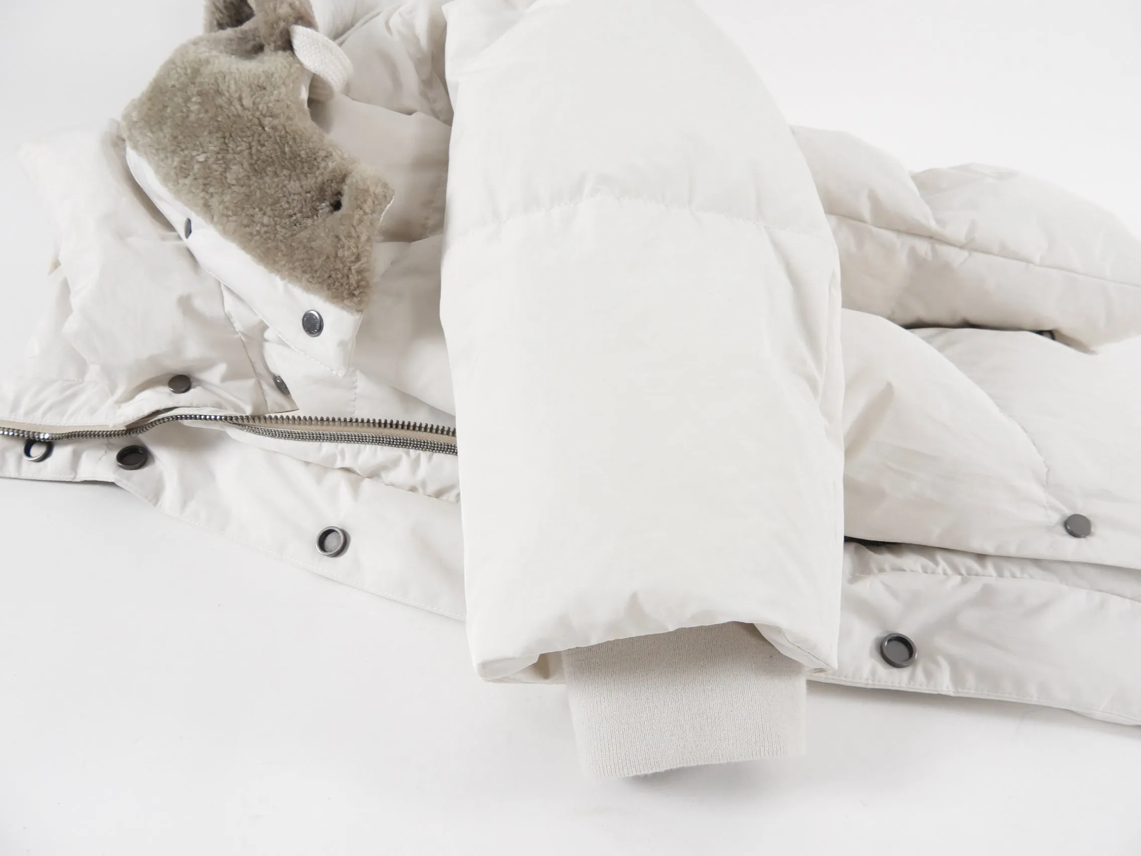 Brunello Cucinelli Bone White Down Puffer Jacket with Shearling Hood