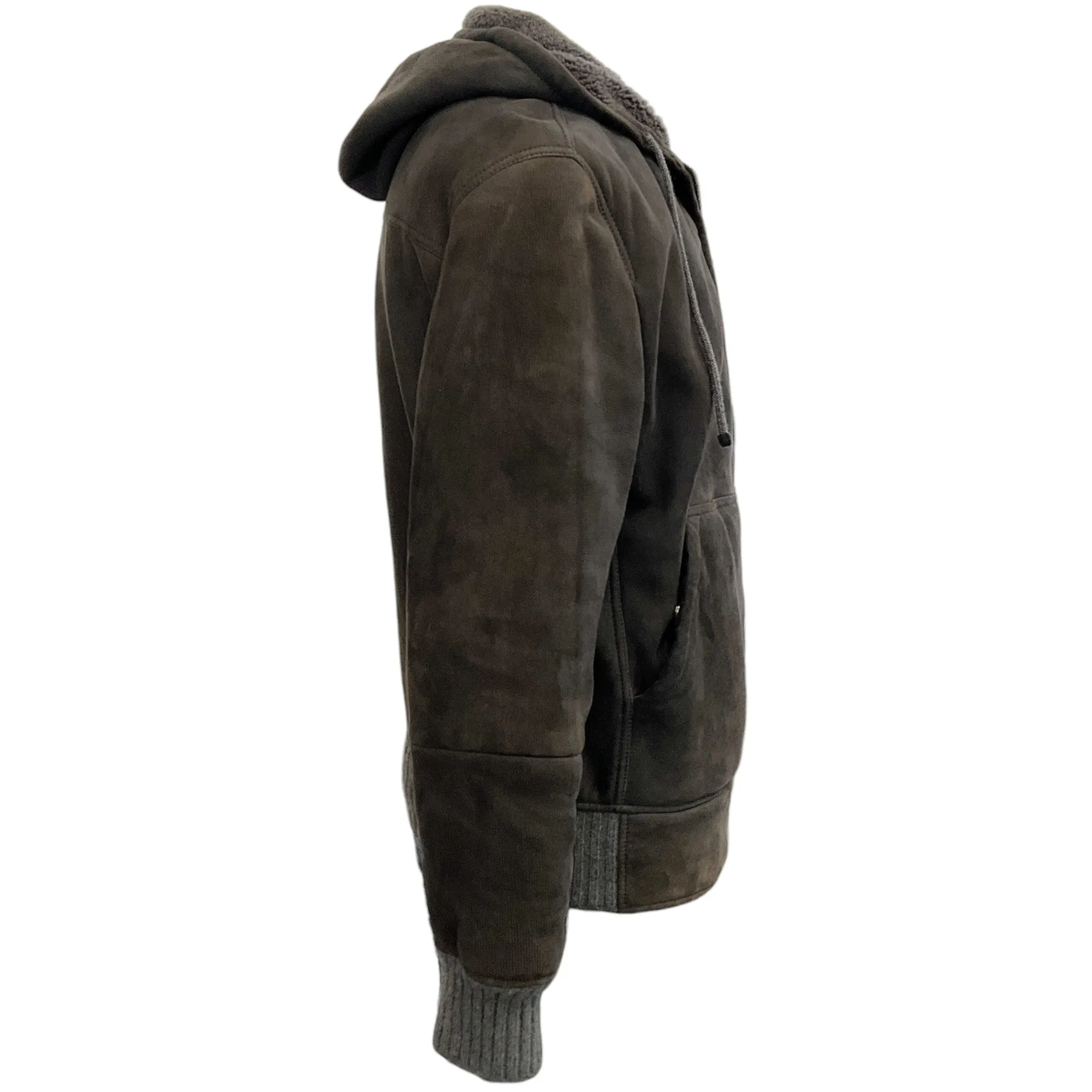 Brunello Cucinelli Men's Grey Shearling Hooded Jacket with Cashmere