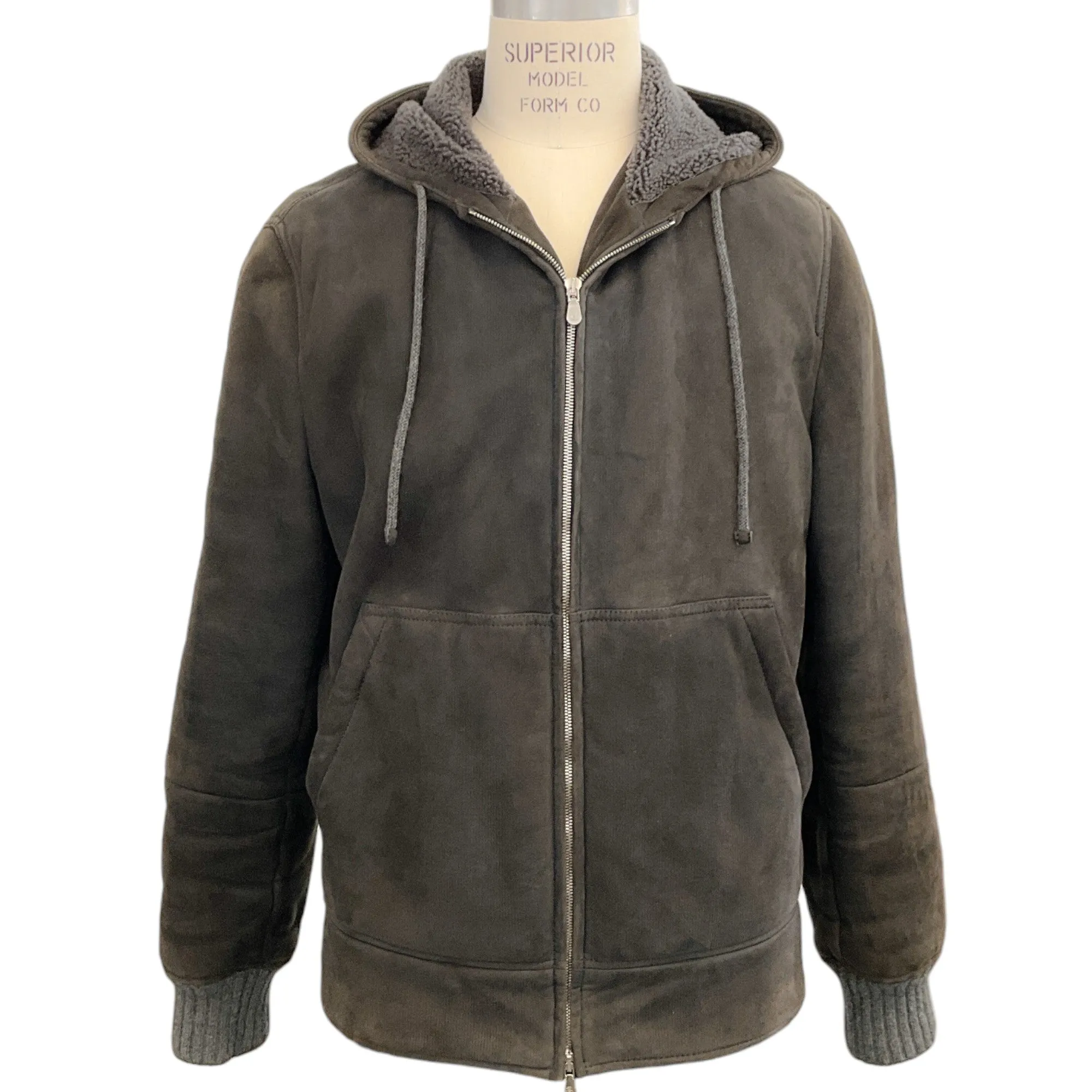 Brunello Cucinelli Men's Grey Shearling Hooded Jacket with Cashmere