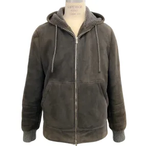 Brunello Cucinelli Men's Grey Shearling Hooded Jacket with Cashmere