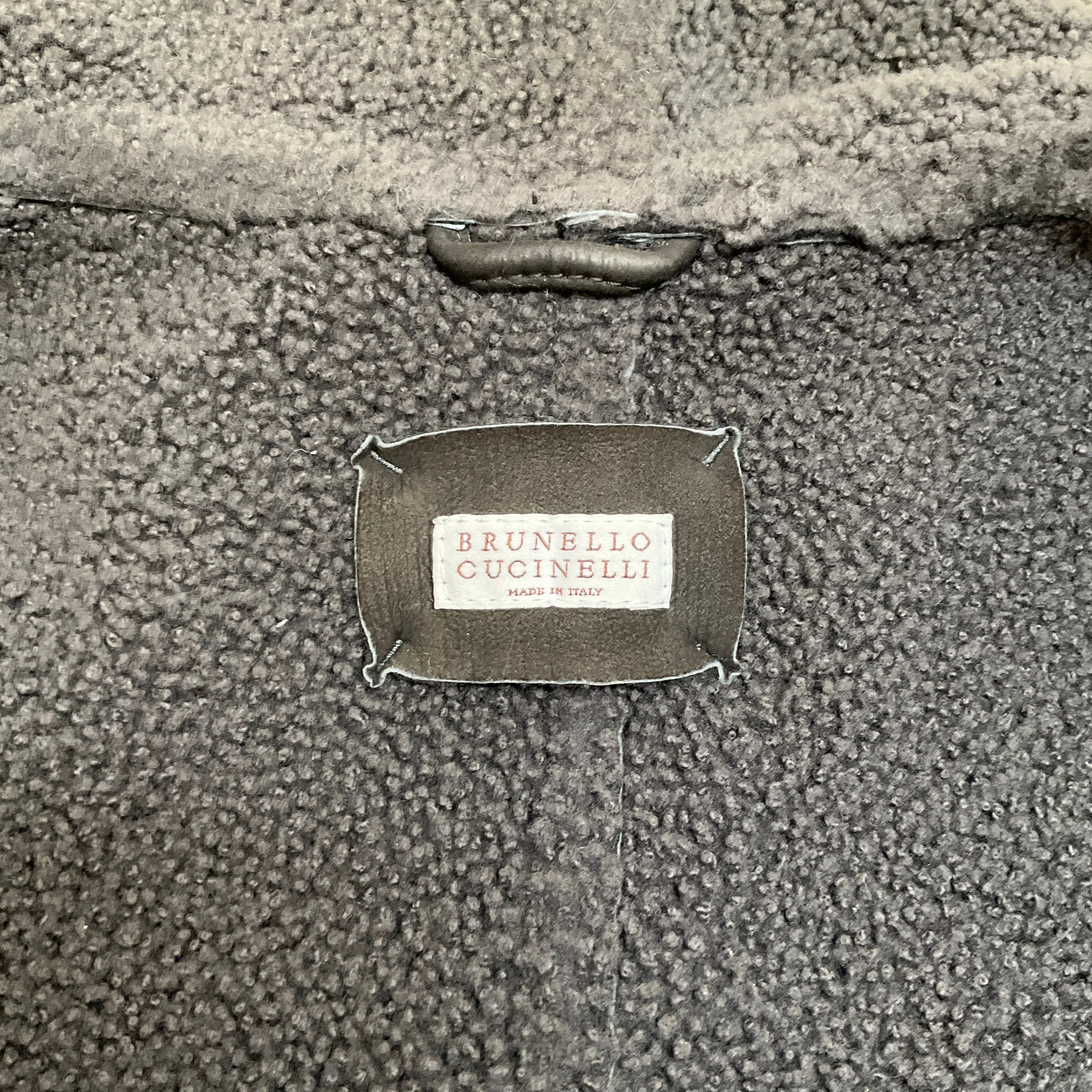 Brunello Cucinelli Men's Grey Shearling Hooded Jacket with Cashmere