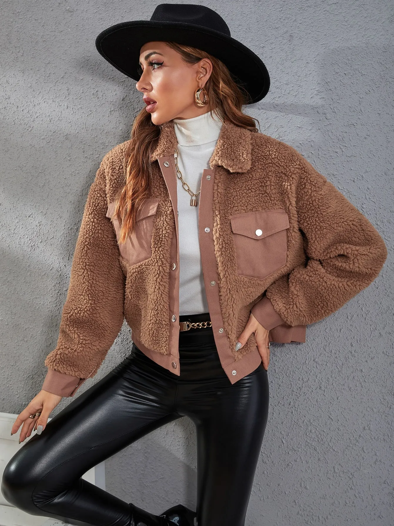 Casual Plain Pocket Long Sleeve Collar Regular Women Jacket