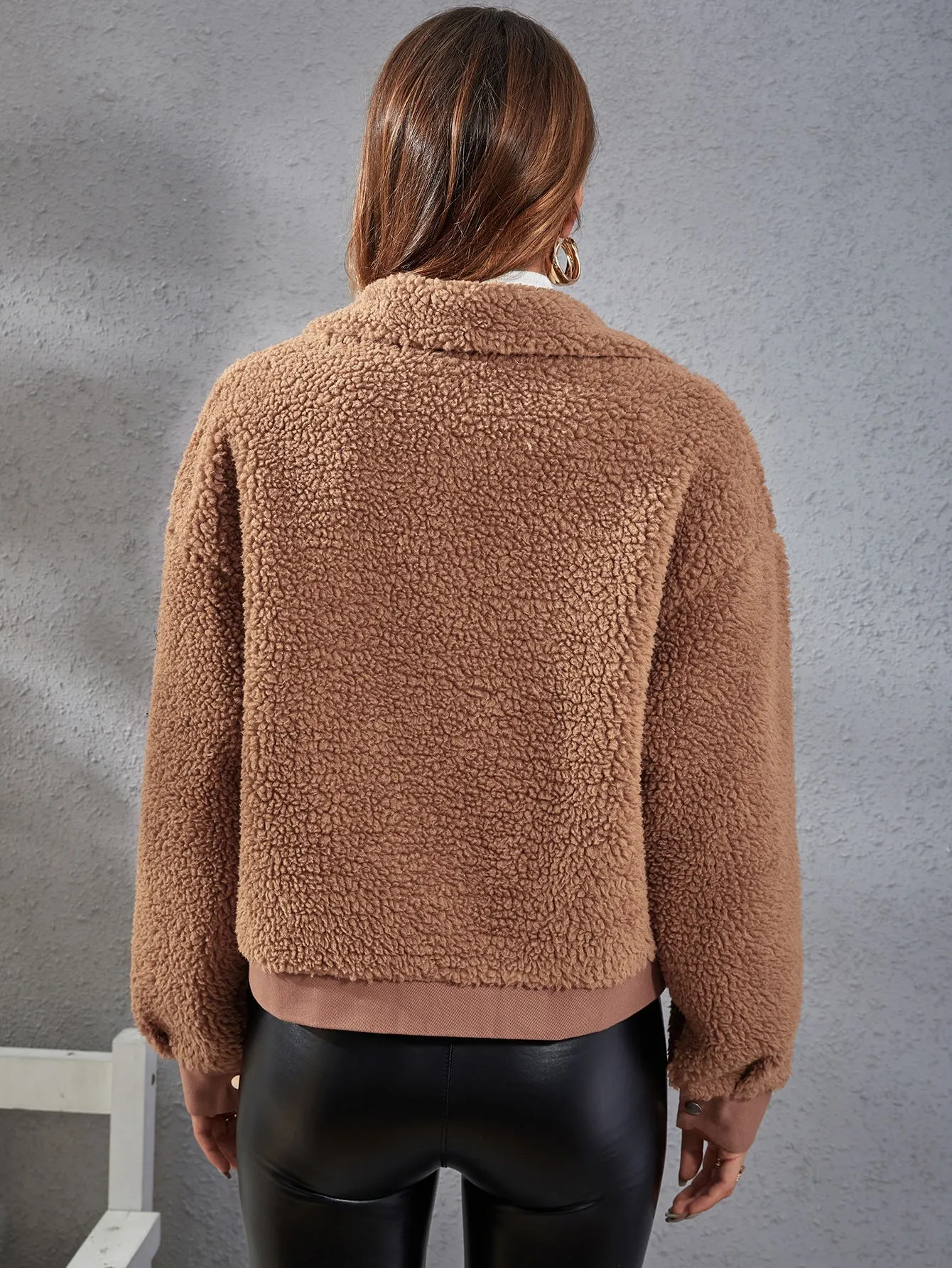 Casual Plain Pocket Long Sleeve Collar Regular Women Jacket