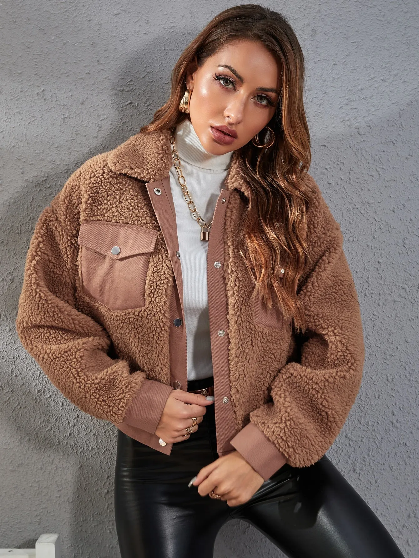Casual Plain Pocket Long Sleeve Collar Regular Women Jacket