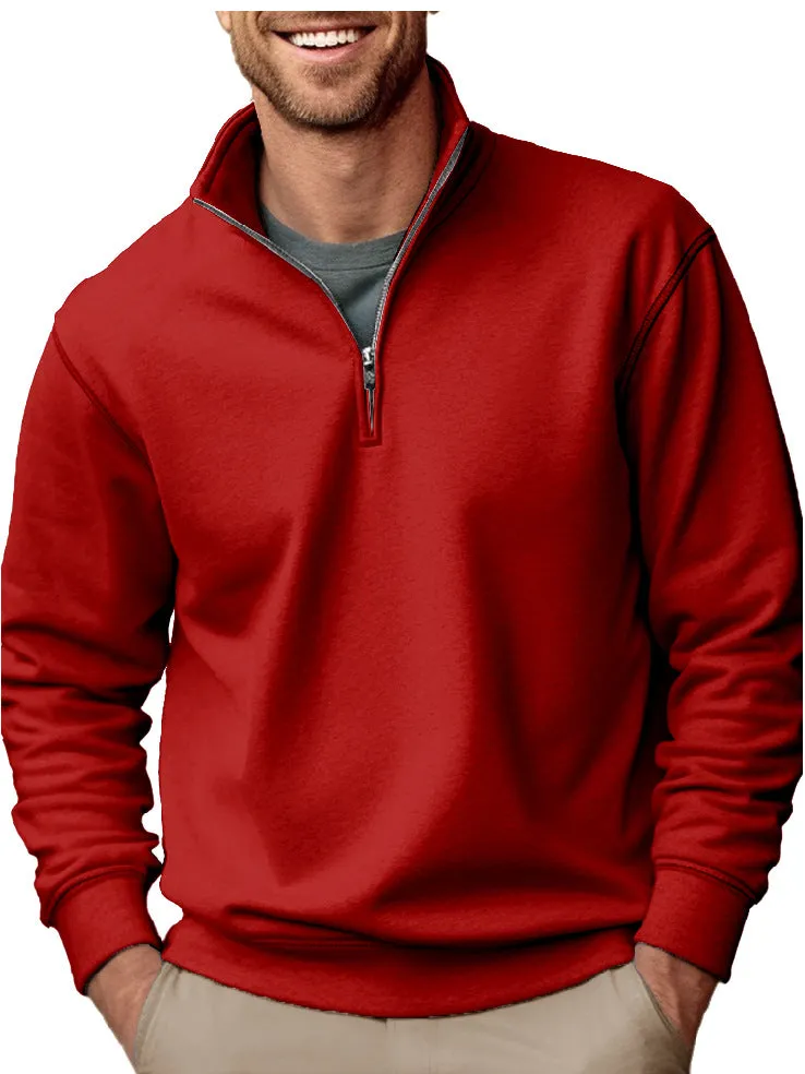 CASUAL ZIPPER STAND UP COLLAR THICKENED VELVET SOLID COLOR MEN'S SWEATSHIRT