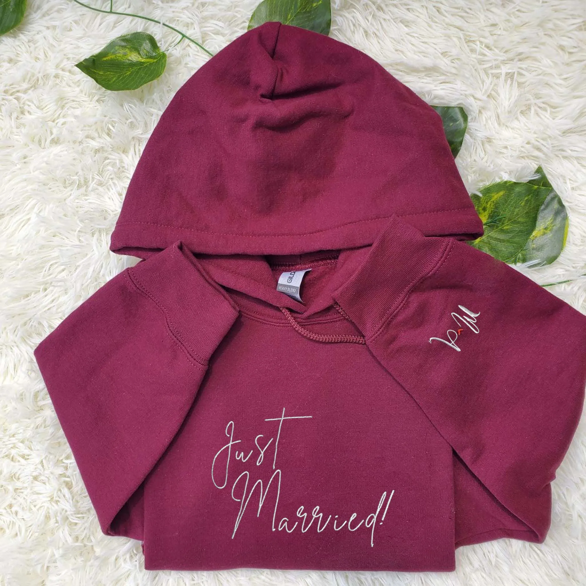 Custom Embroidered Mr and Mrs Hoodie, Personalized Just Married Hoodie With Initial On Sleeve