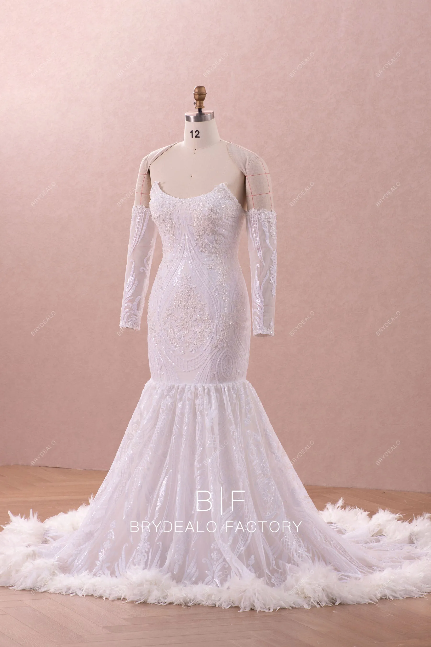 Detachable Off Shoulder Sleeve Feather Mermaid Wedding Dress