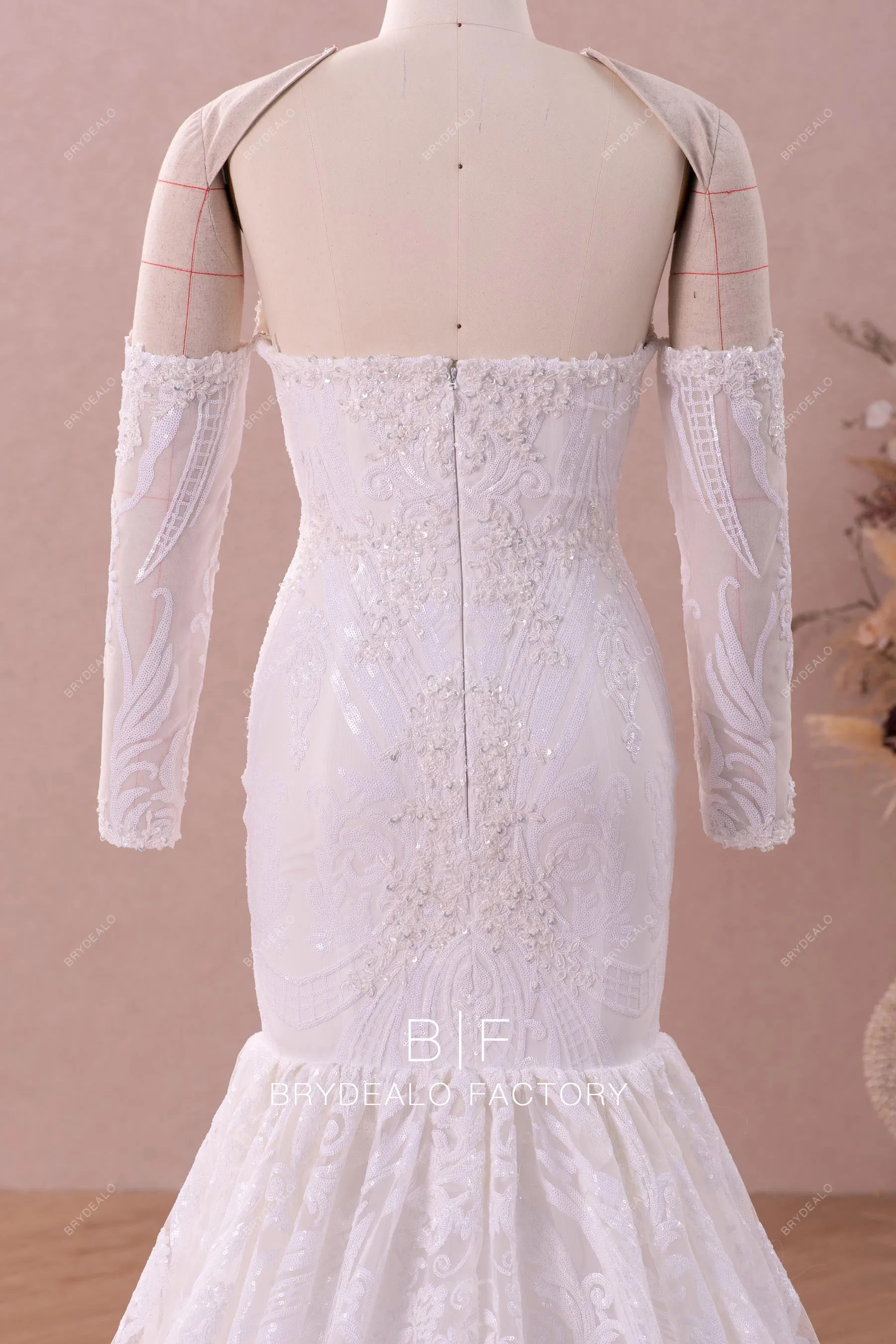 Detachable Off Shoulder Sleeved Sequin Feather Wedding Dress