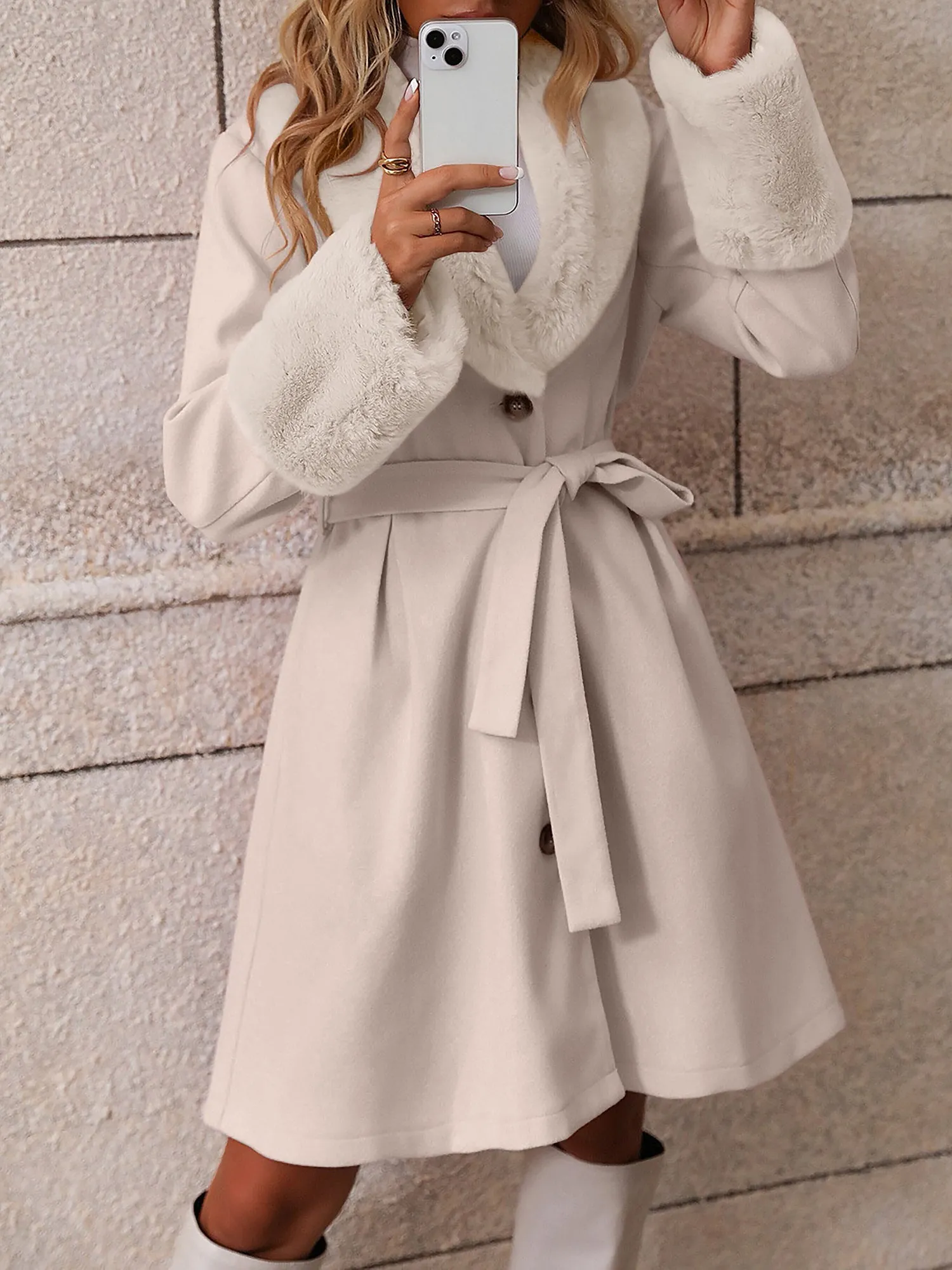 Faux Fur Patchwork Belted A-Line Pea Coat