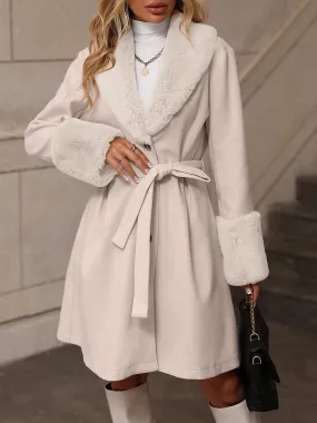 Faux Fur Patchwork Belted A-Line Pea Coat