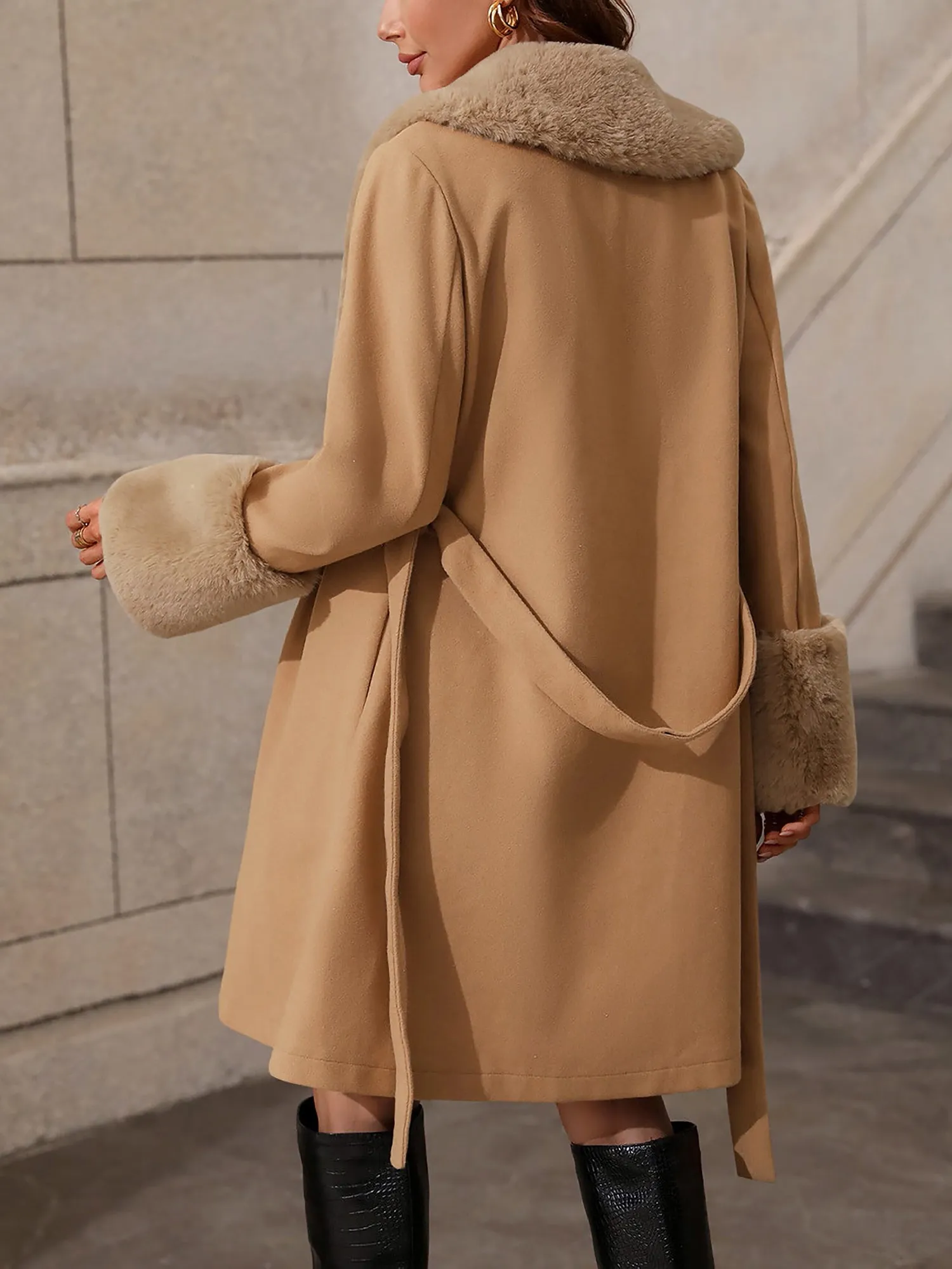 Faux Fur Patchwork Belted A-Line Pea Coat