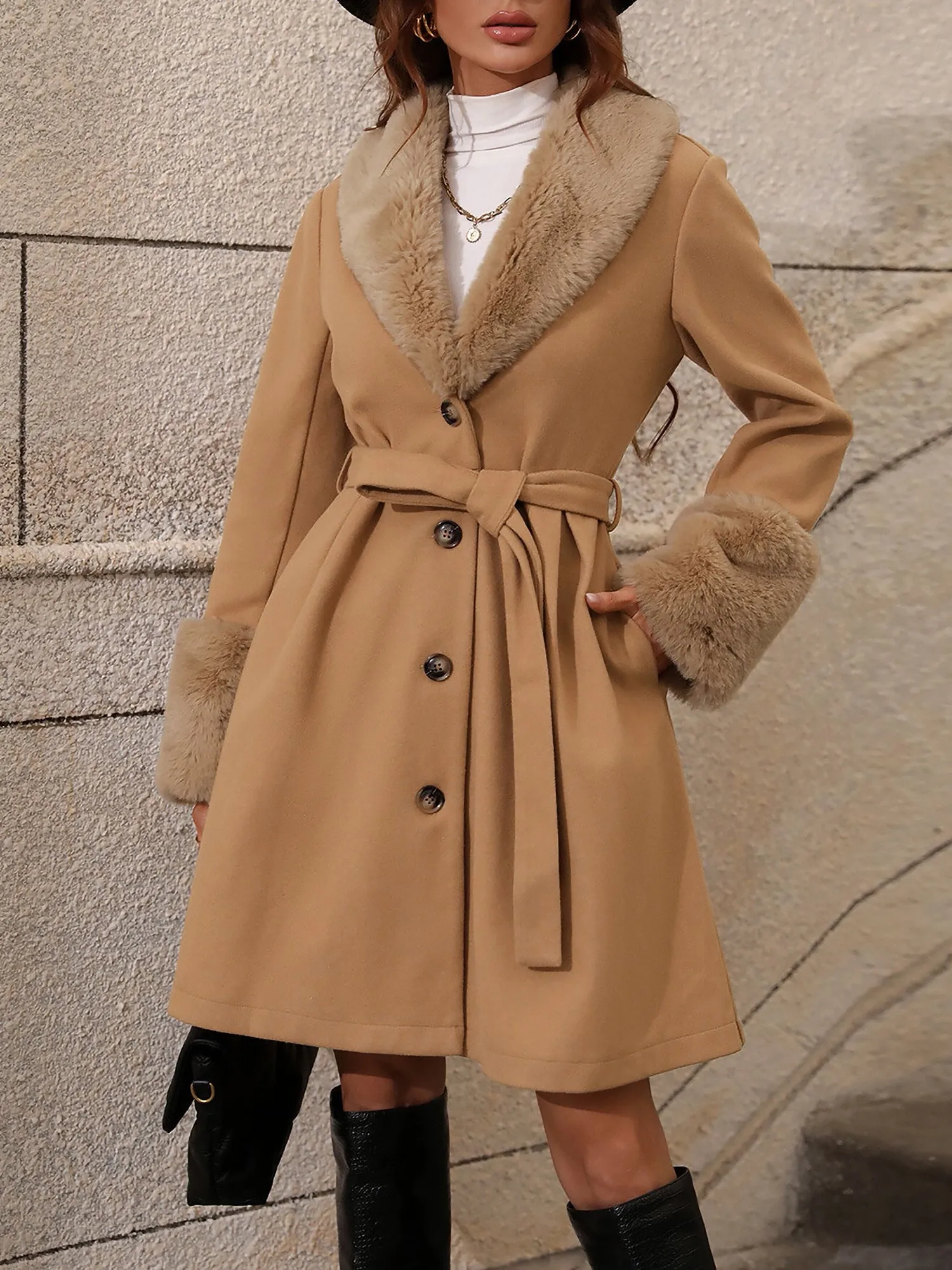 Faux Fur Patchwork Belted A-Line Pea Coat