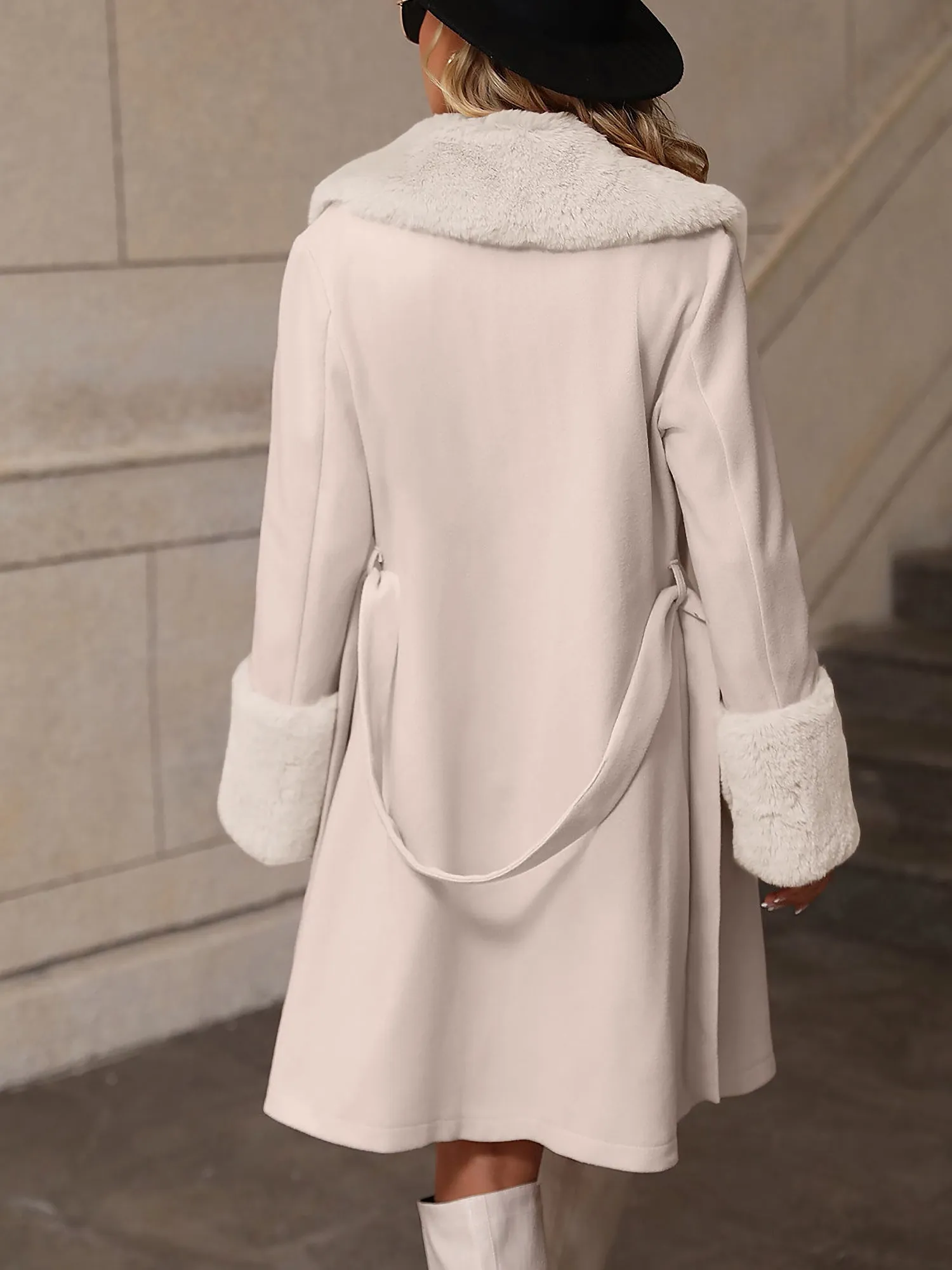 Faux Fur Patchwork Belted A-Line Pea Coat