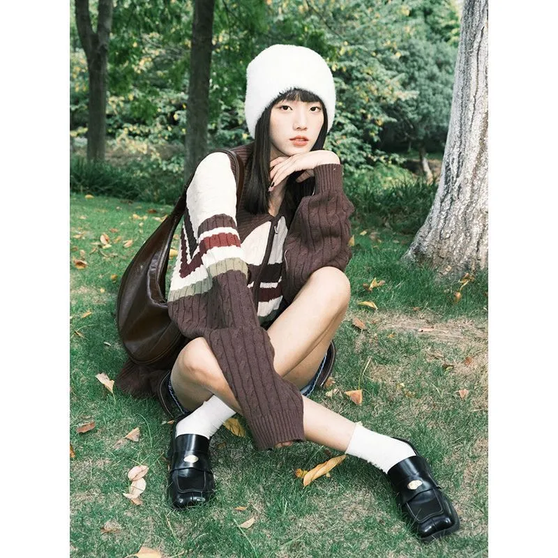 Flytonn-Fall Outfits Women Outwear Streetwear -women fall outfits high street ins style  college outfits American Retro Twist Sweater Women's Autumn and Winter Lazy Style Loose Cardigan Striped Contrast Color Double Zipper Sweater Coat