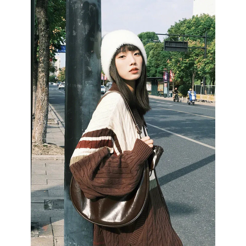 Flytonn-Fall Outfits Women Outwear Streetwear -women fall outfits high street ins style  college outfits American Retro Twist Sweater Women's Autumn and Winter Lazy Style Loose Cardigan Striped Contrast Color Double Zipper Sweater Coat