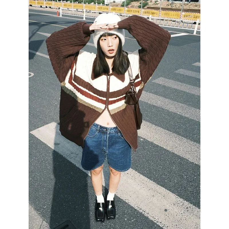 Flytonn-Fall Outfits Women Outwear Streetwear -women fall outfits high street ins style  college outfits American Retro Twist Sweater Women's Autumn and Winter Lazy Style Loose Cardigan Striped Contrast Color Double Zipper Sweater Coat