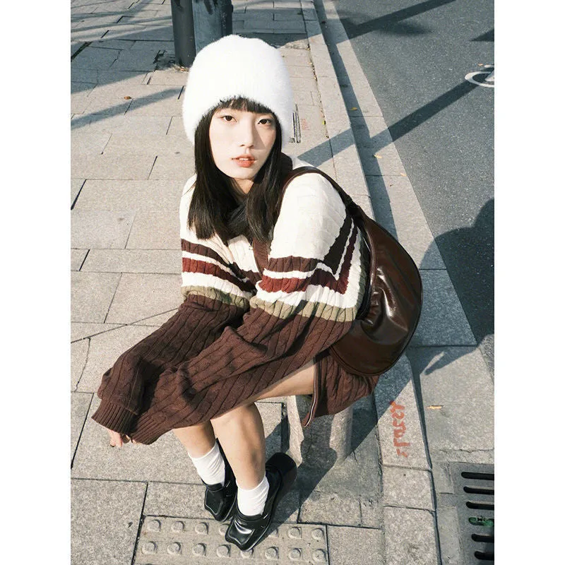 Flytonn-Fall Outfits Women Outwear Streetwear -women fall outfits high street ins style  college outfits American Retro Twist Sweater Women's Autumn and Winter Lazy Style Loose Cardigan Striped Contrast Color Double Zipper Sweater Coat