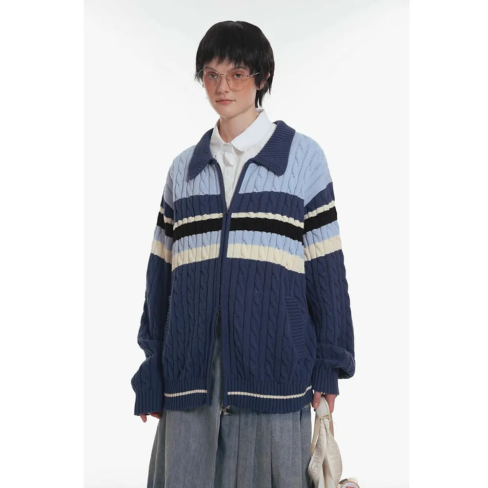 Jinquedai jock outfit Vintage Hemp Pattern Wool Striped Double-Headed Zipper Cardigan Sweater Women's Autumn and Winter Casual Sweater Coat