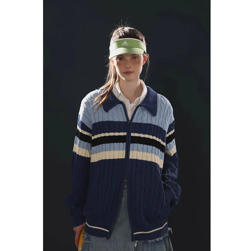 Jinquedai jock outfit Vintage Hemp Pattern Wool Striped Double-Headed Zipper Cardigan Sweater Women's Autumn and Winter Casual Sweater Coat