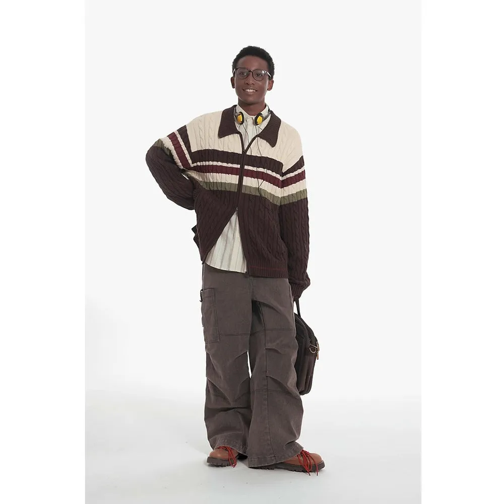 Jinquedai jock outfit Vintage Hemp Pattern Wool Striped Double-Headed Zipper Cardigan Sweater Women's Autumn and Winter Casual Sweater Coat