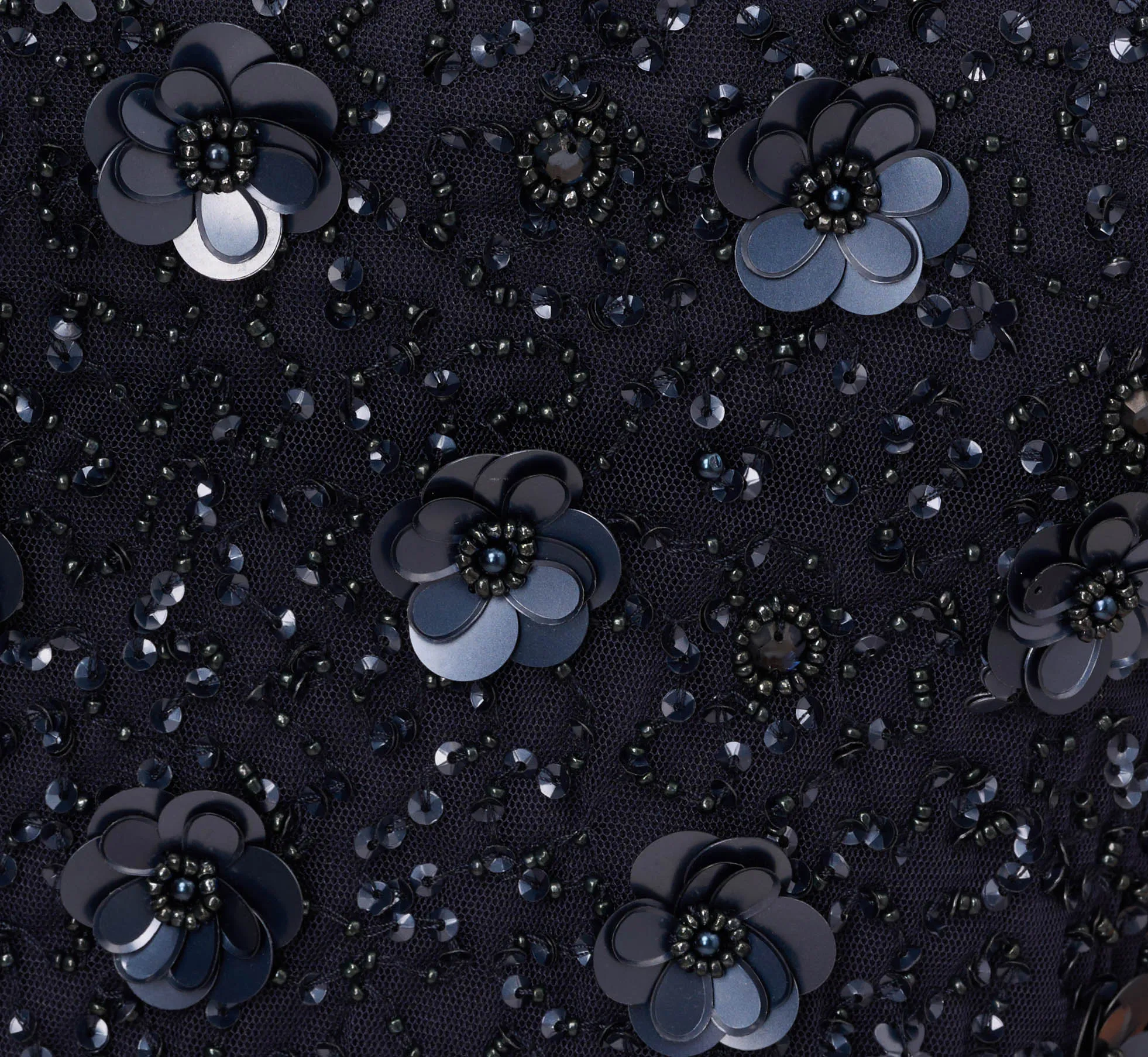 Long Hand Beaded 3D Floral Dress With Elbow Sleeves In Dusty Navy