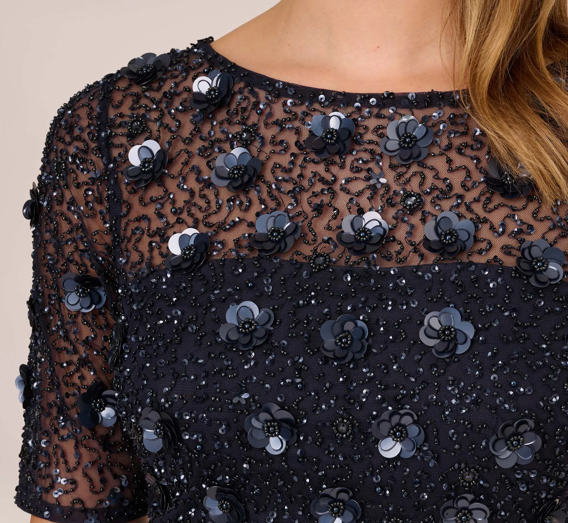 Long Hand Beaded 3D Floral Dress With Elbow Sleeves In Dusty Navy