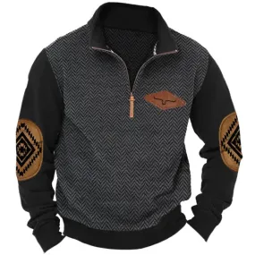 MEN'S RETRO HERRINGBONE FABRIC HENRY ELBOW PATCH COLOR BLOCKED WESTERN SWEATSHIRT