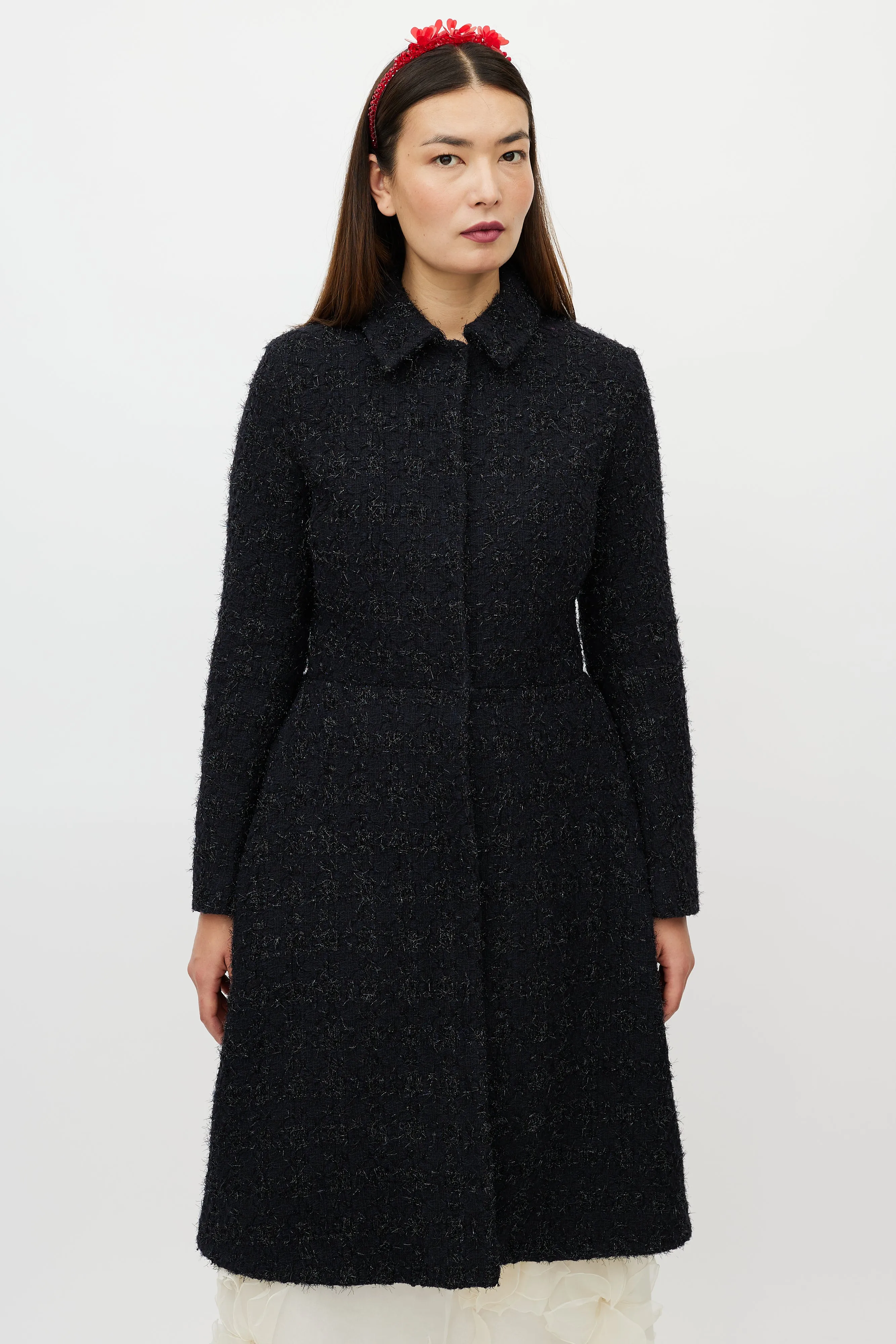 Navy Metallic Flared Wool Coat