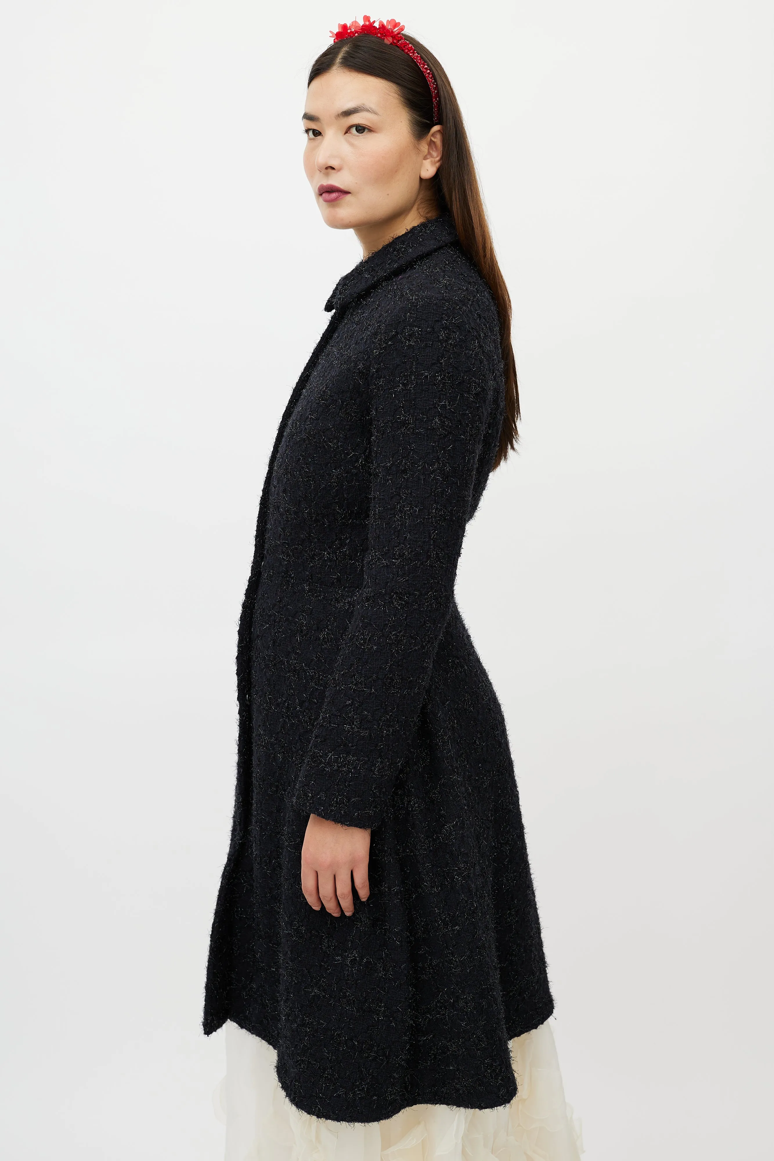 Navy Metallic Flared Wool Coat