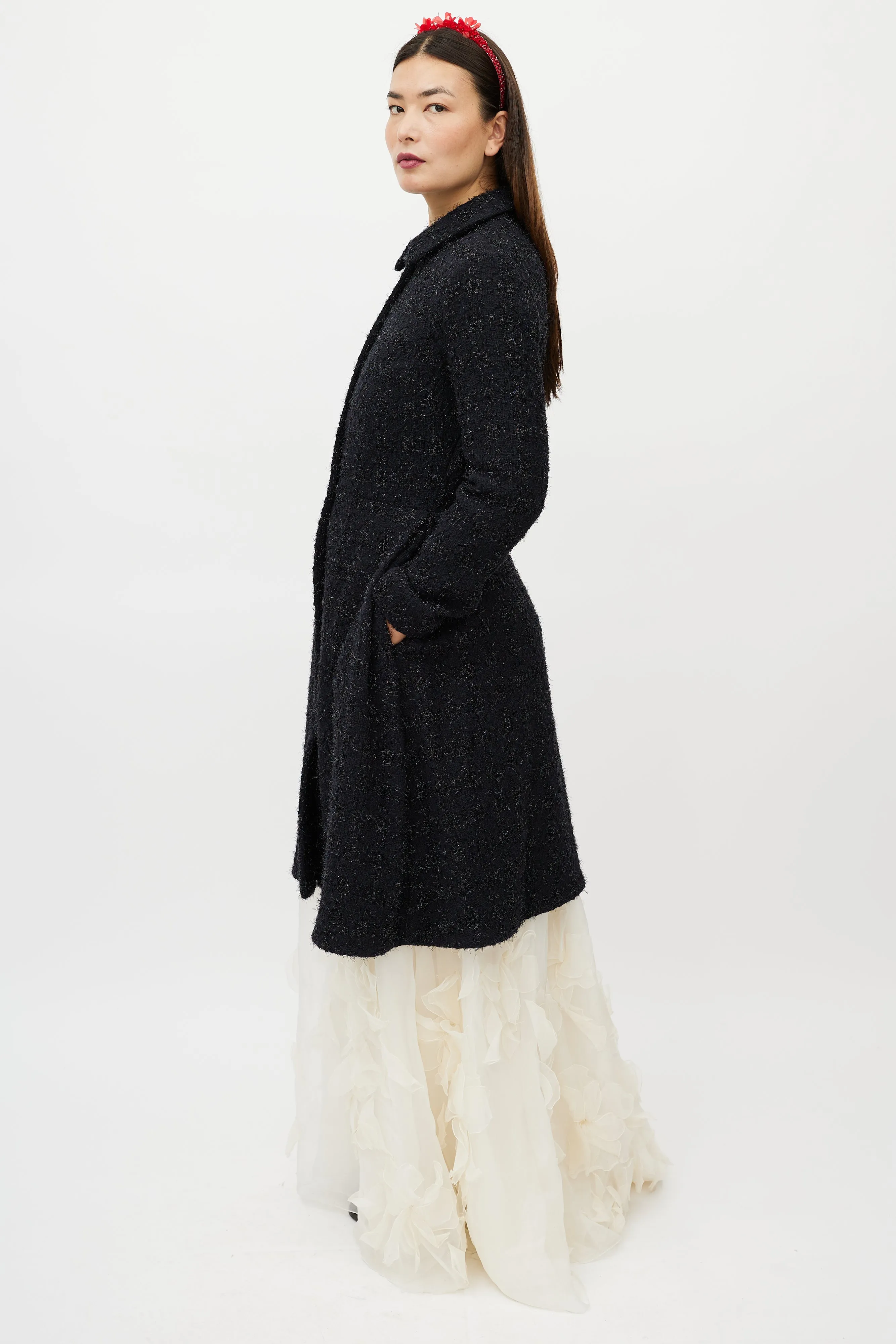 Navy Metallic Flared Wool Coat