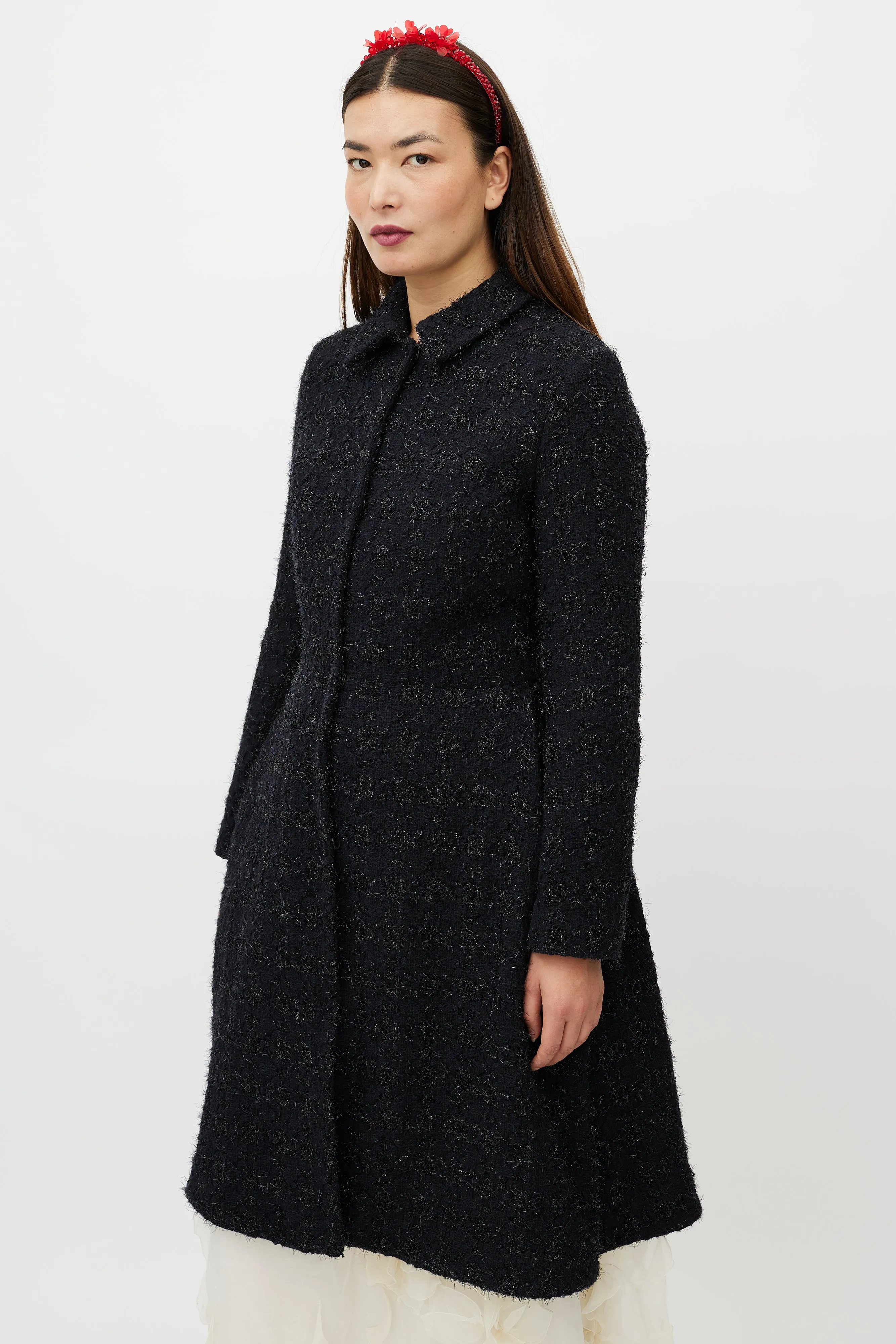 Navy Metallic Flared Wool Coat