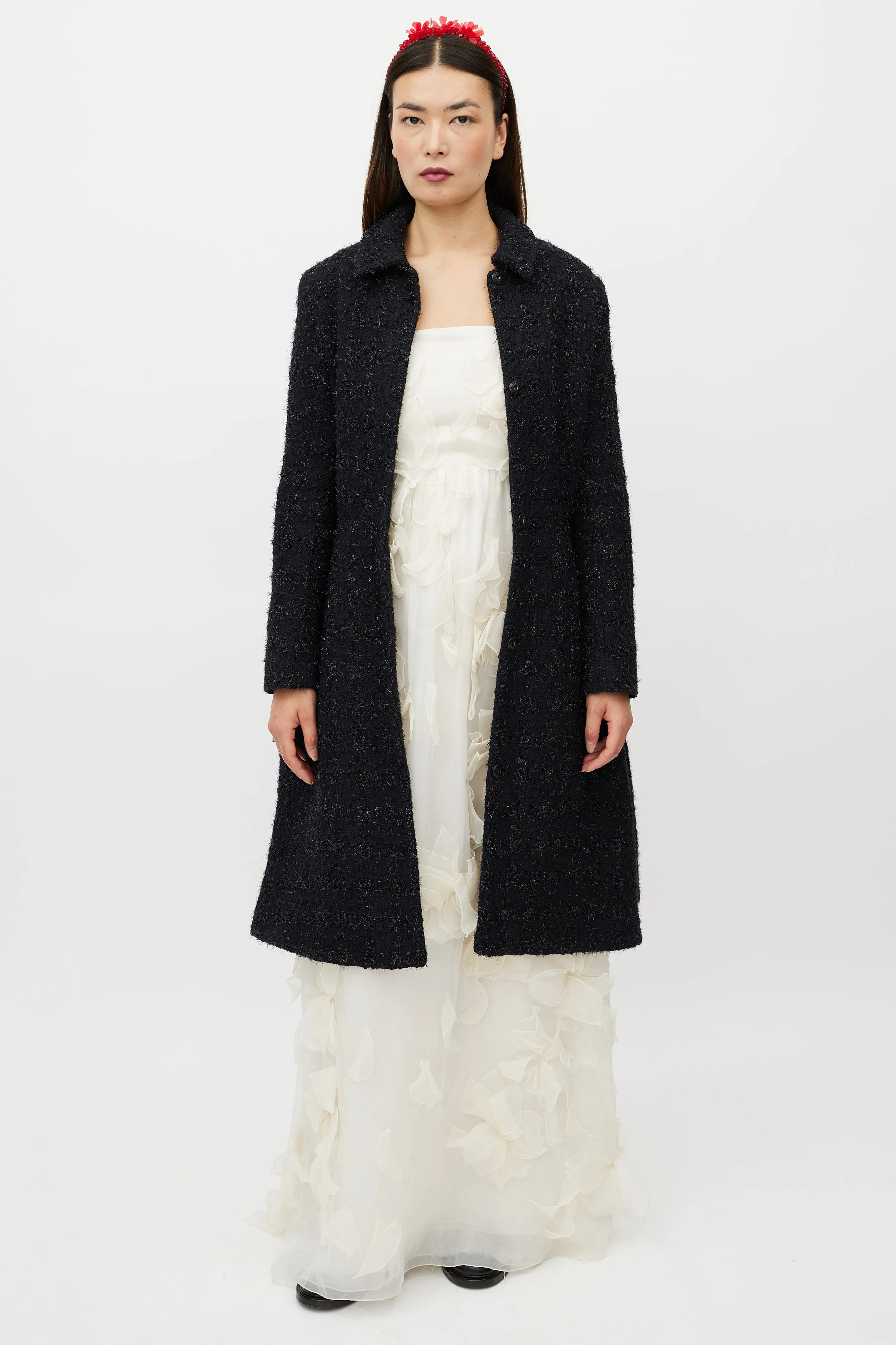 Navy Metallic Flared Wool Coat