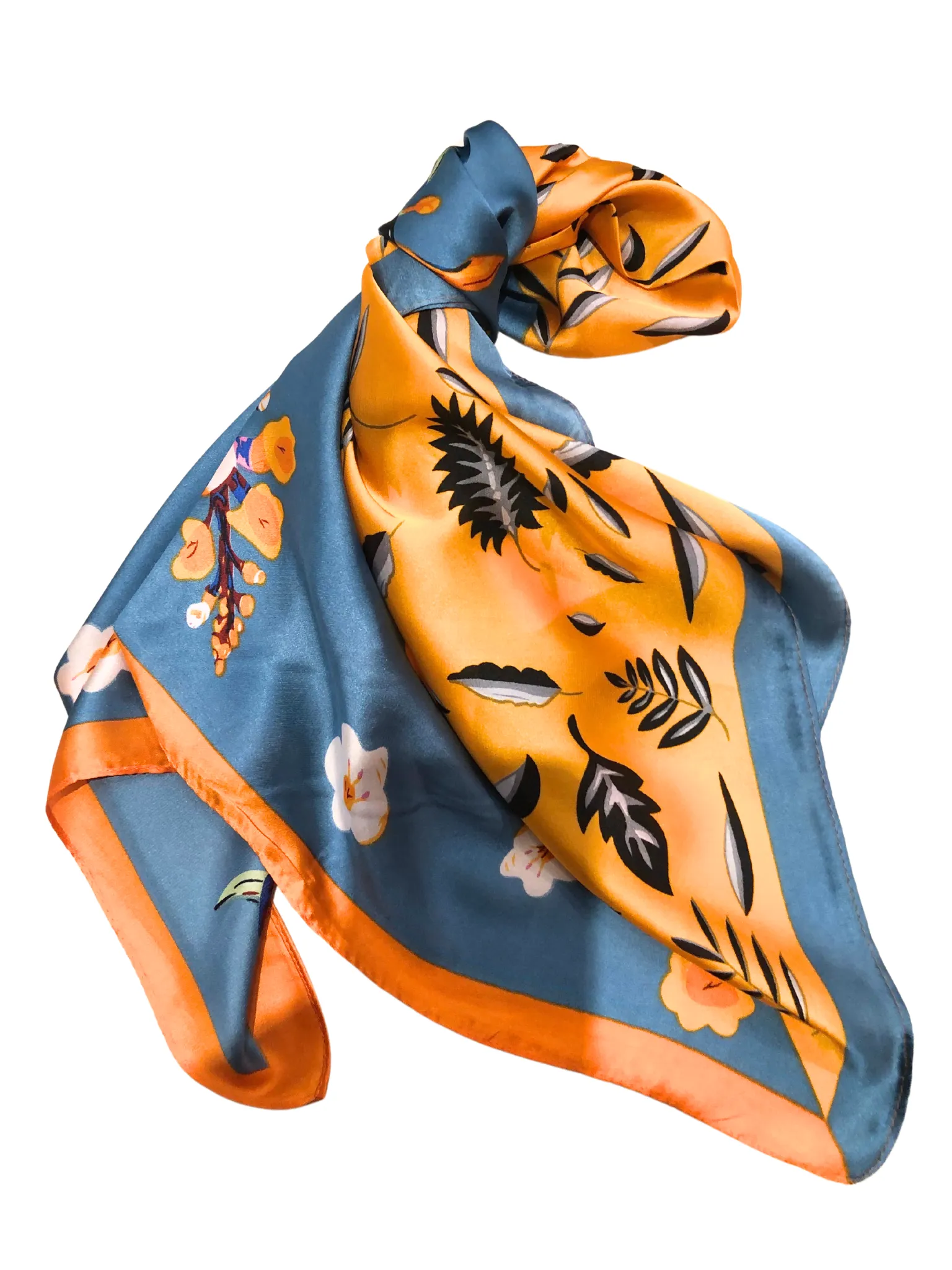 Orange And Blue Floral Satin Scarf