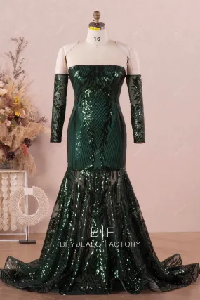 Plus Size Dark Green Detachable Sleeve Sparkly Prom Dress