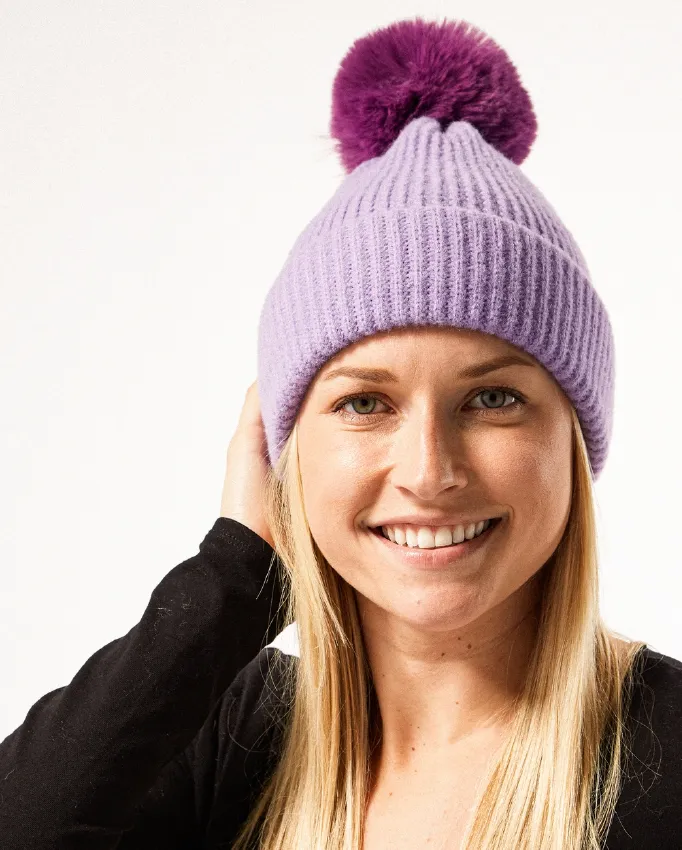 Plush Knit Pom Pom Beanie - Purple