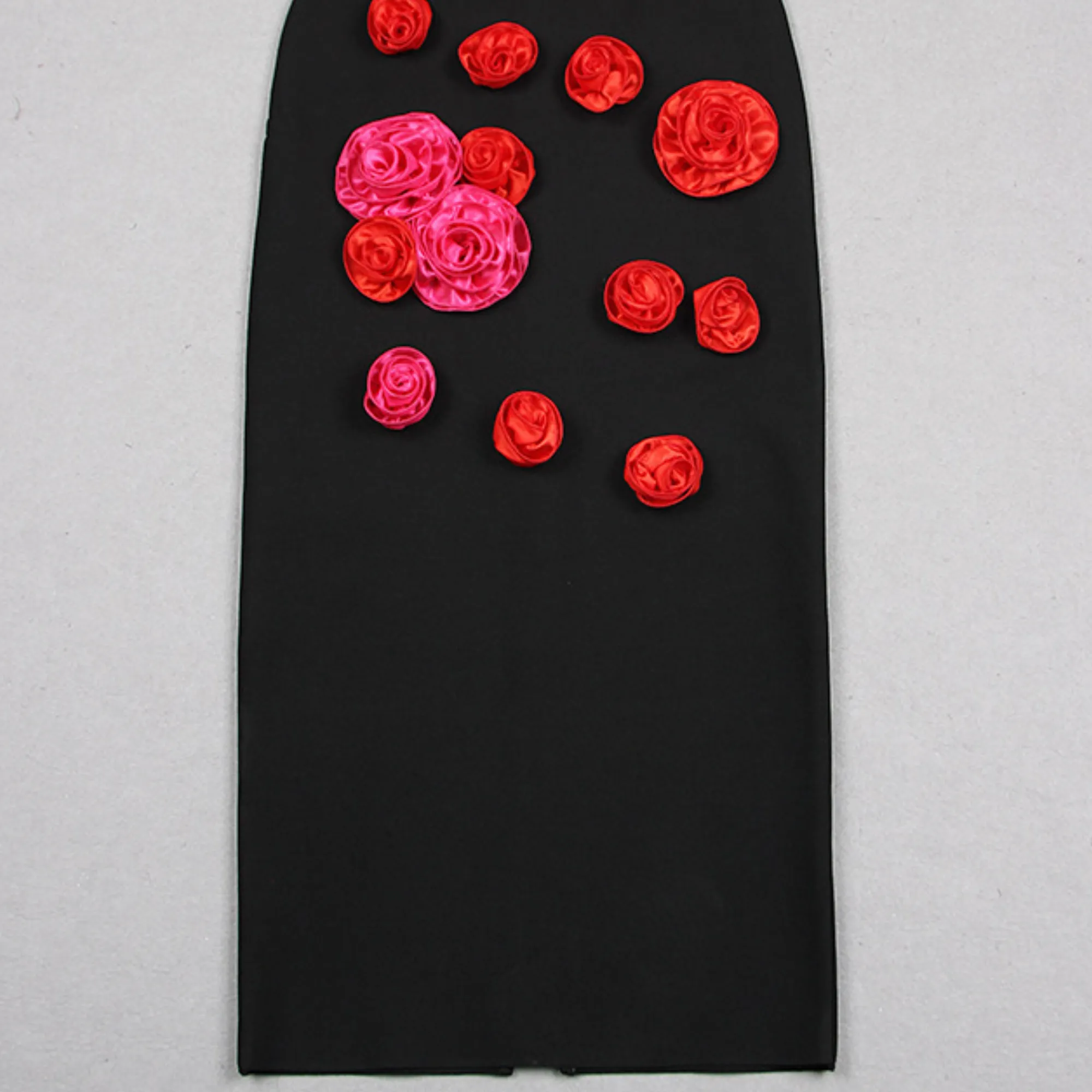 Pre Order:  Black Flower Mid-Length Back-Slit Dress