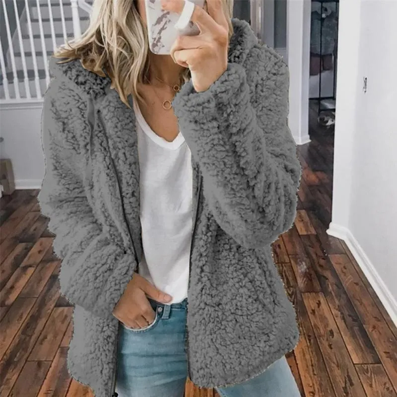 Teddy fleece jacket with hood for women